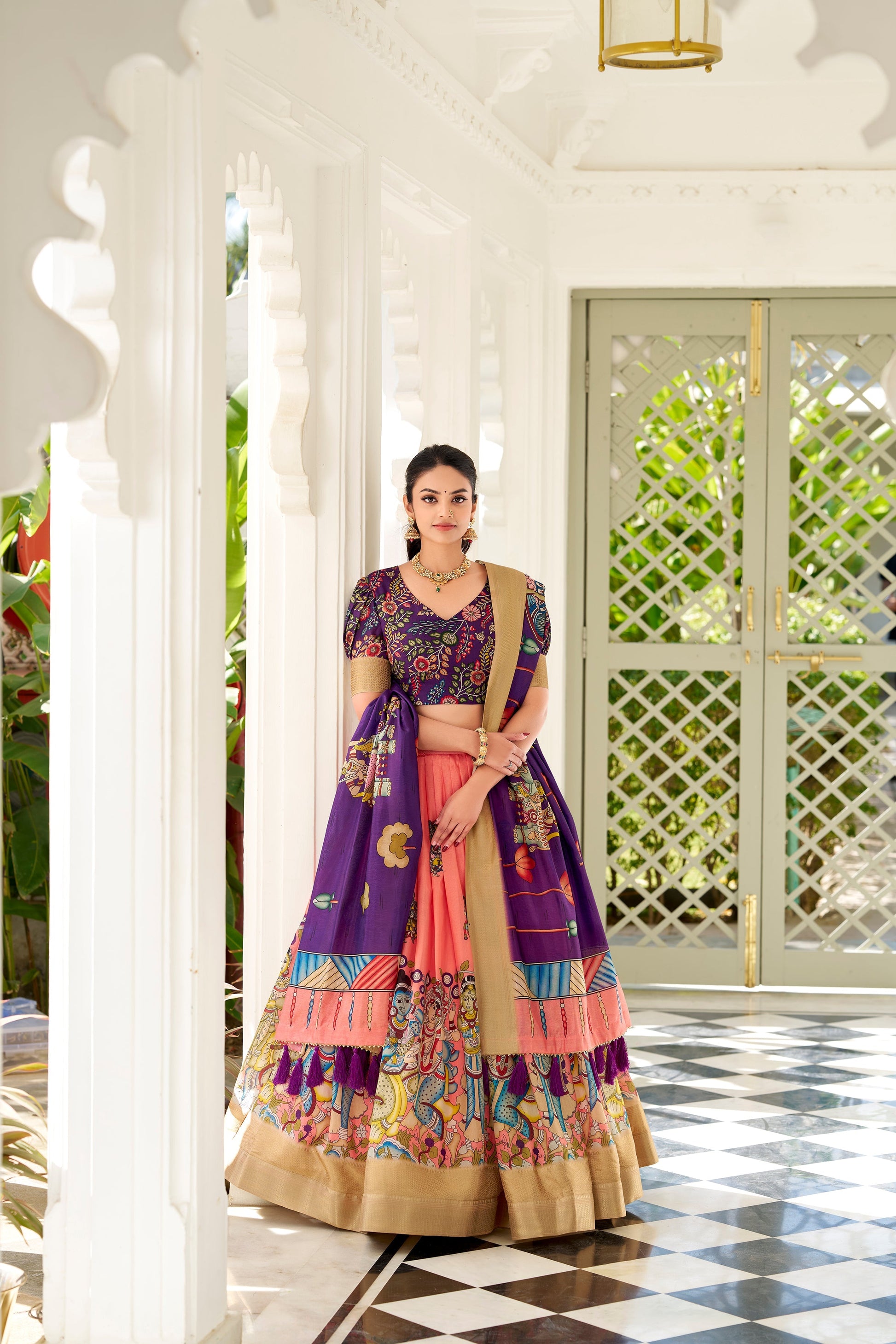 Lorenvalley Peach Dola Silk Kalamkari Print With Weaving Border Lehenga Choli 