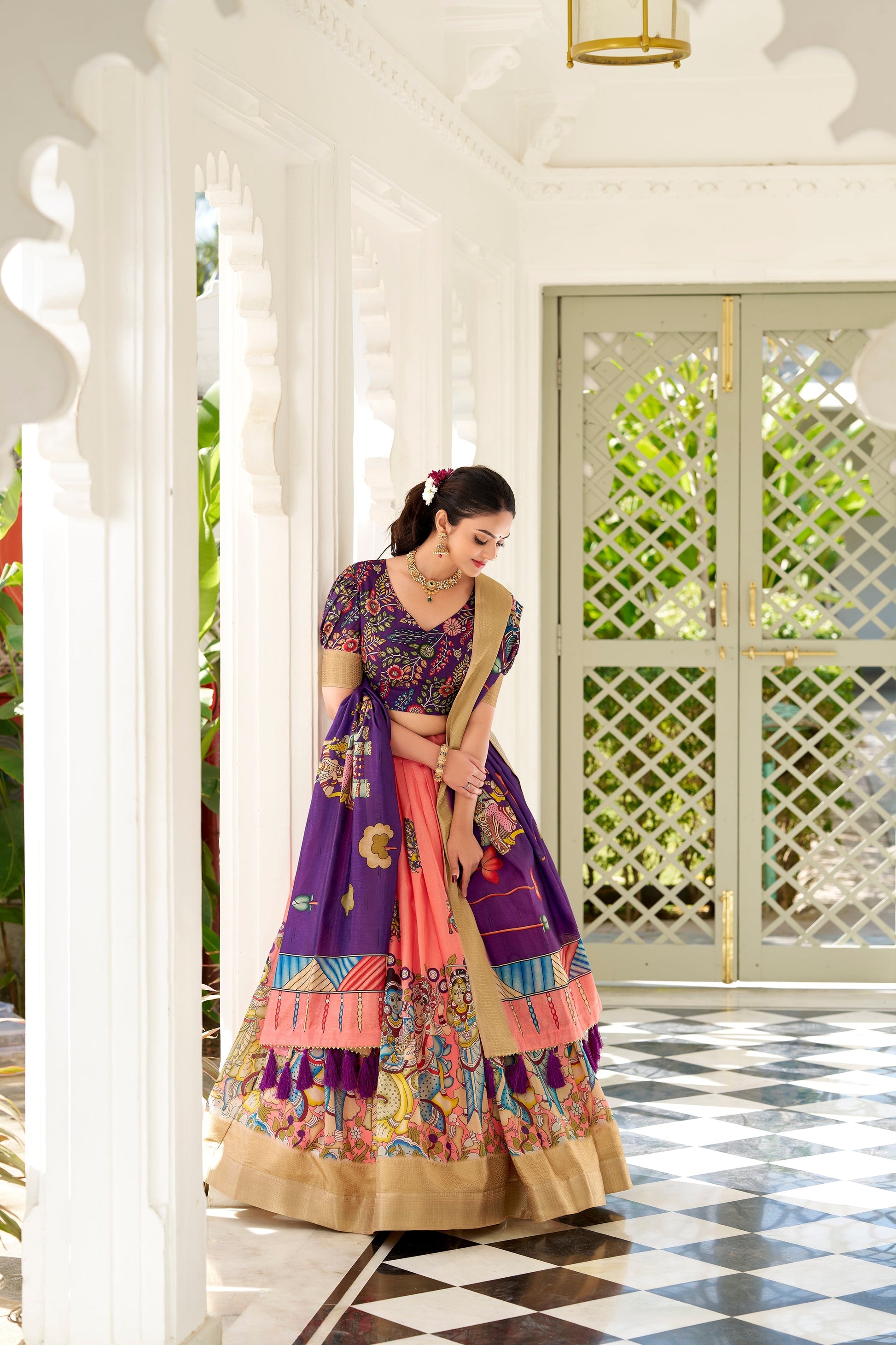 Lorenvalley Peach Dola Silk Kalamkari Print With Weaving Border Lehenga Choli 