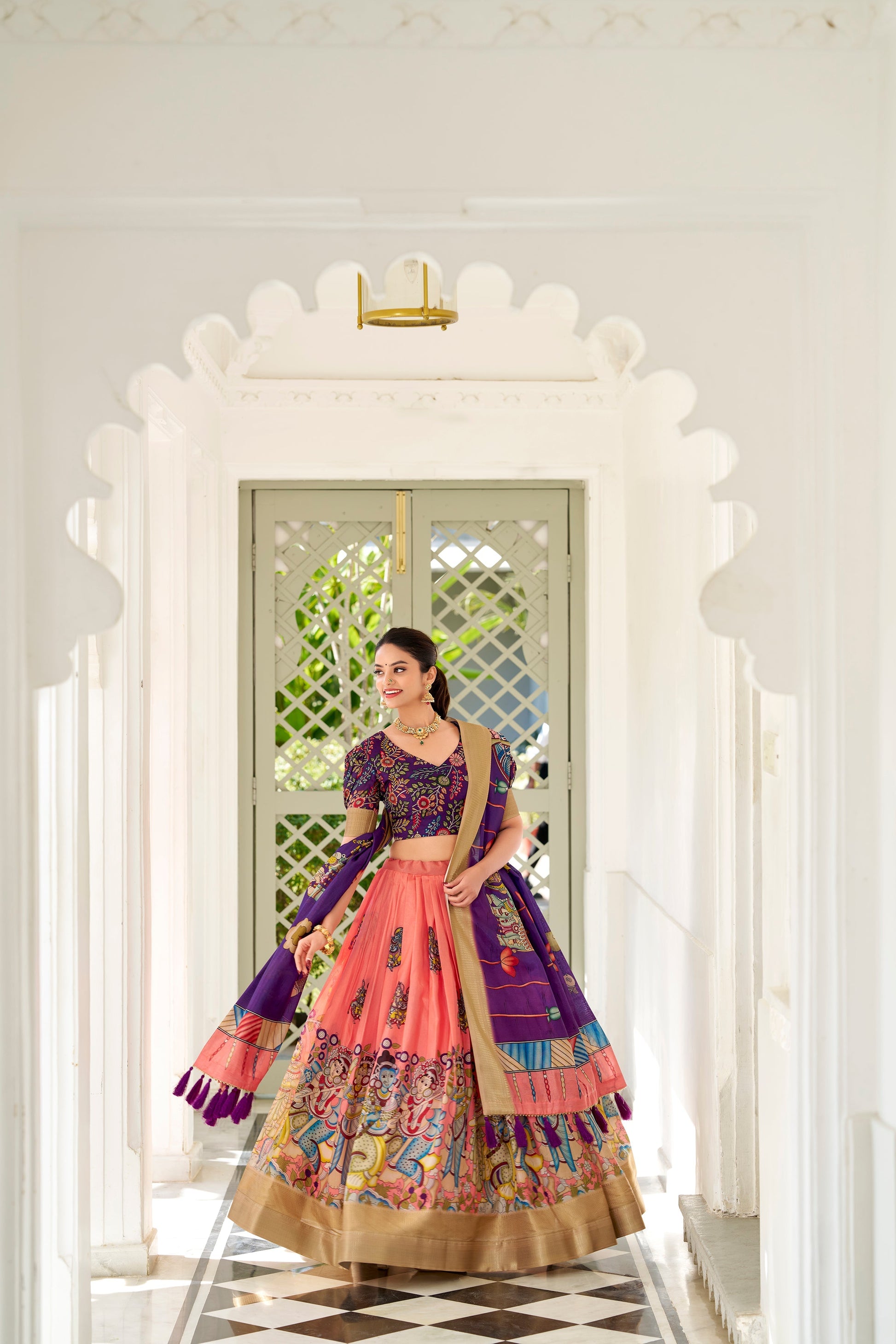 Lorenvalley Peach Dola Silk Kalamkari Print With Weaving Border Lehenga Choli 