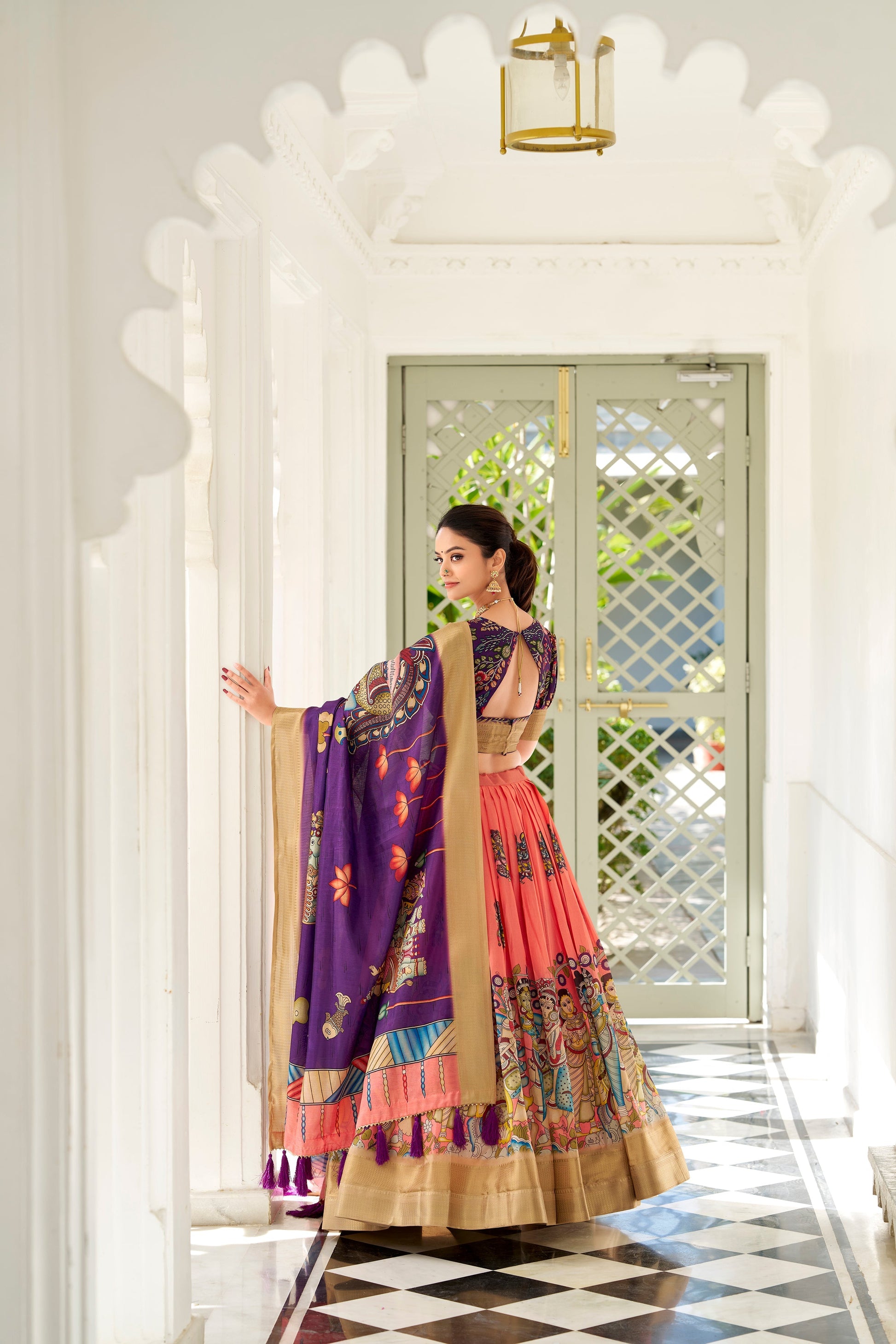 Lorenvalley Peach Dola Silk Kalamkari Print With Weaving Border Lehenga Choli 