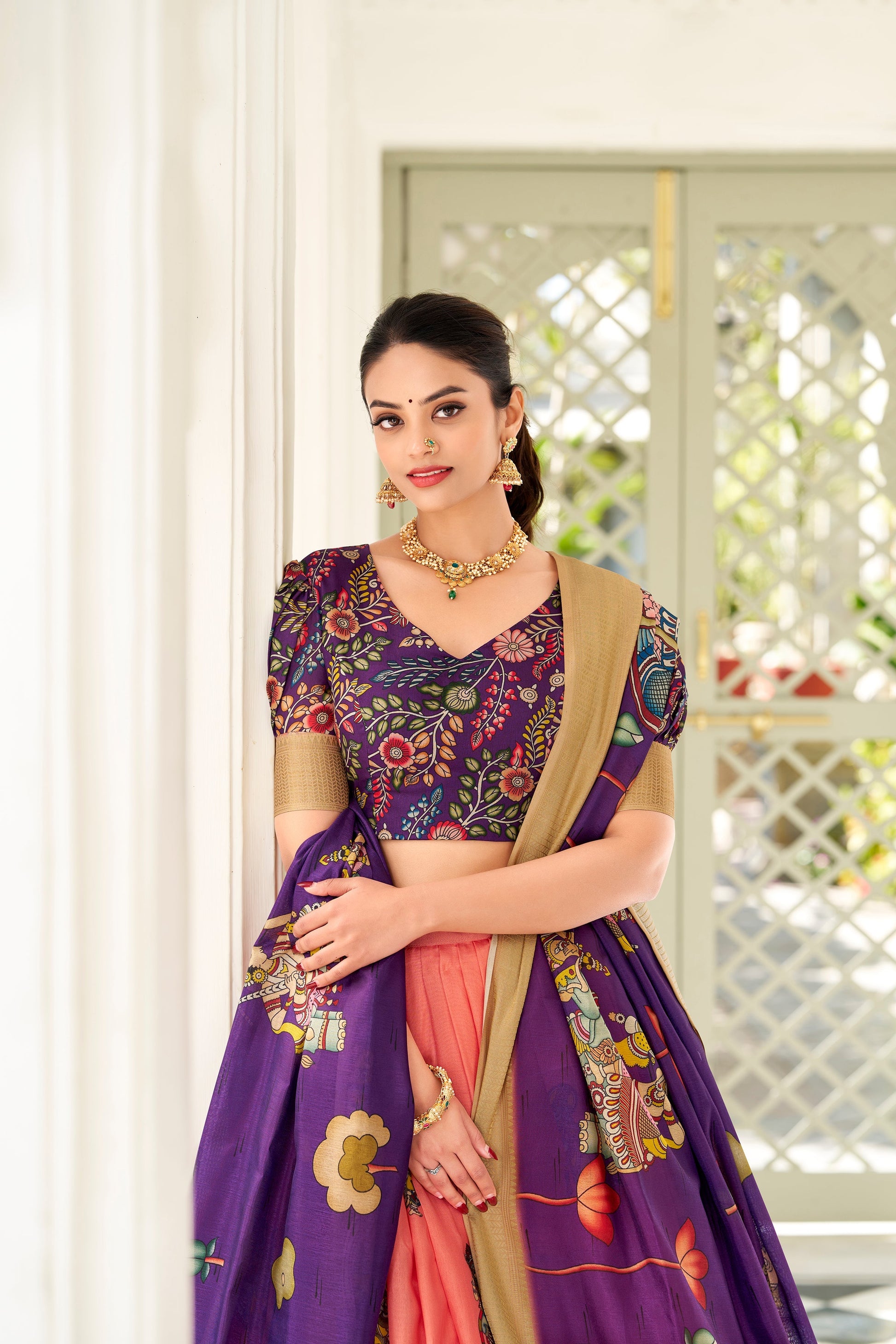 Lorenvalley Peach Dola Silk Kalamkari Print With Weaving Border Lehenga Choli 