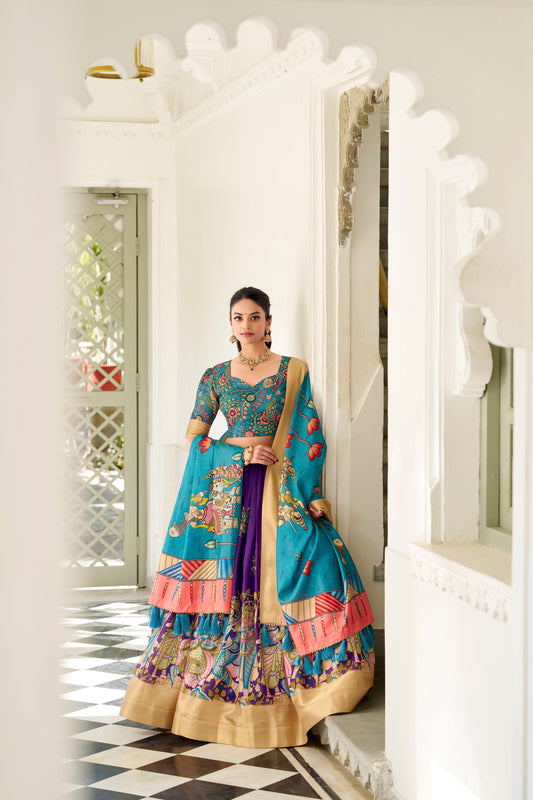 Lorenvalley Purple Dola Silk Kalamkari Print With Weaving Border Lehenga Choli 