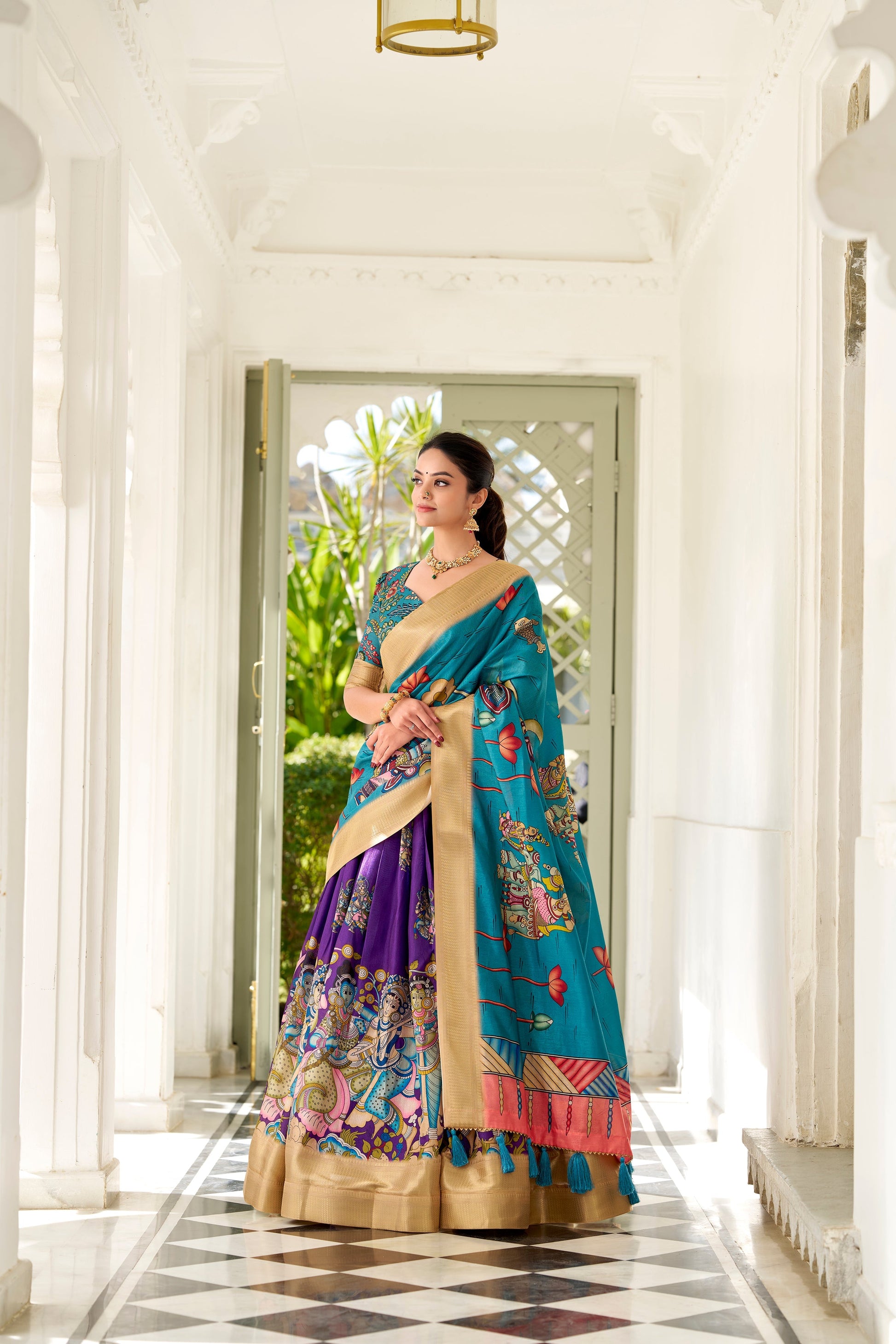 Lorenvalley Purple Dola Silk Kalamkari Print With Weaving Border Lehenga Choli 