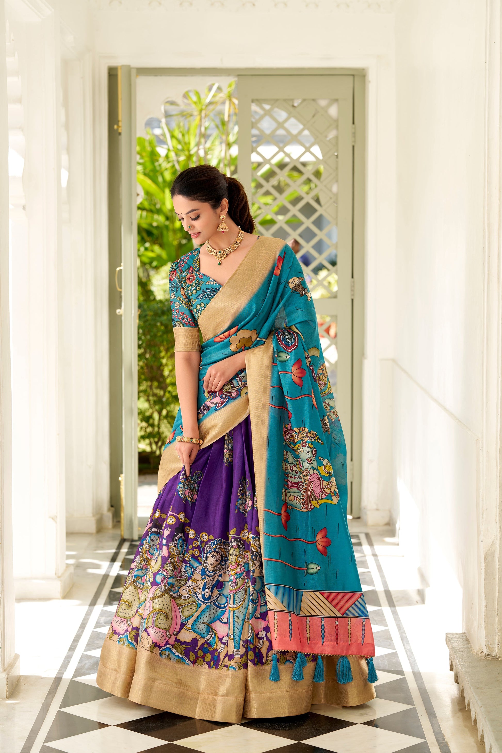 Lorenvalley Purple Dola Silk Kalamkari Print With Weaving Border Lehenga Choli 