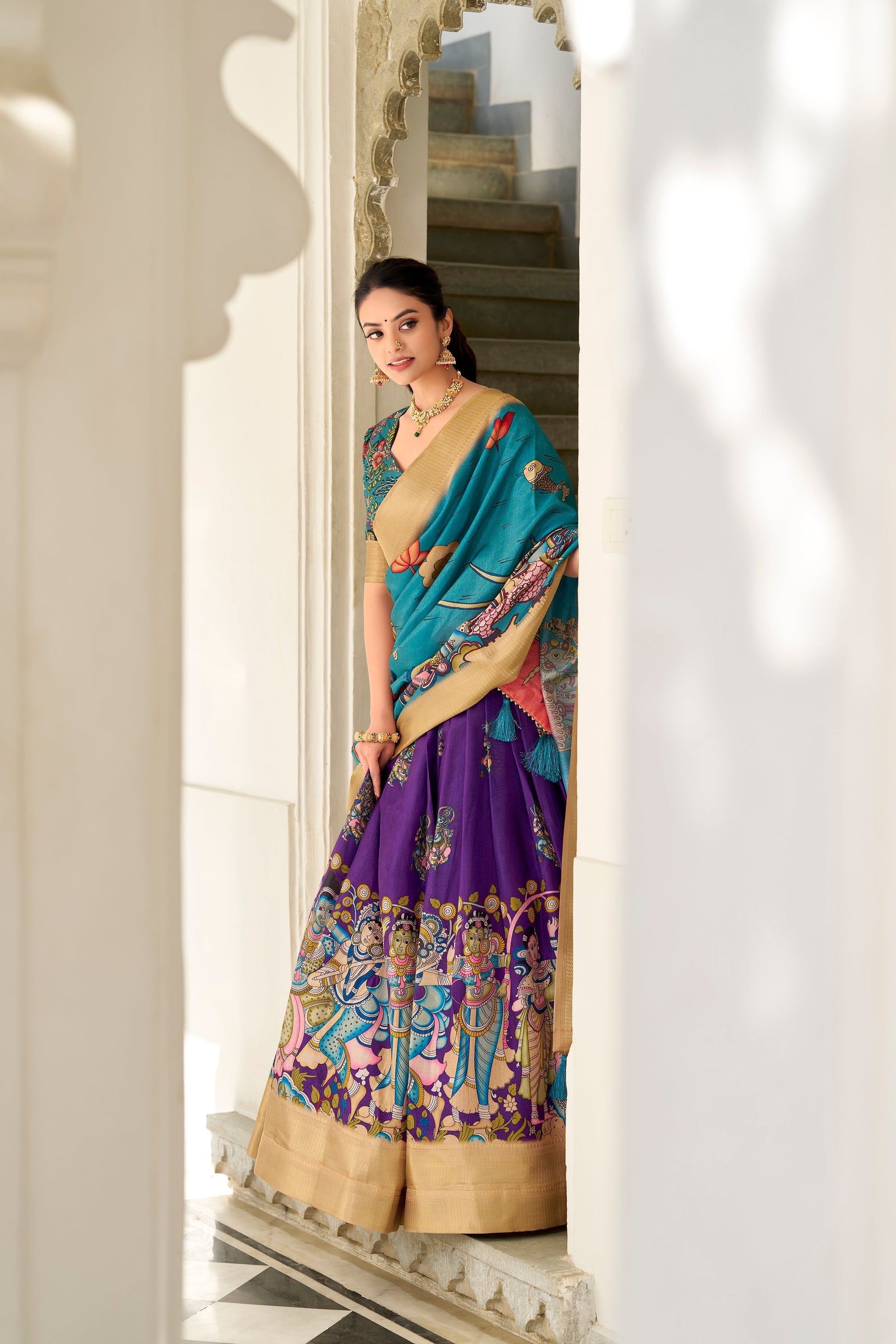 Lorenvalley Purple Dola Silk Kalamkari Print With Weaving Border Lehenga Choli 