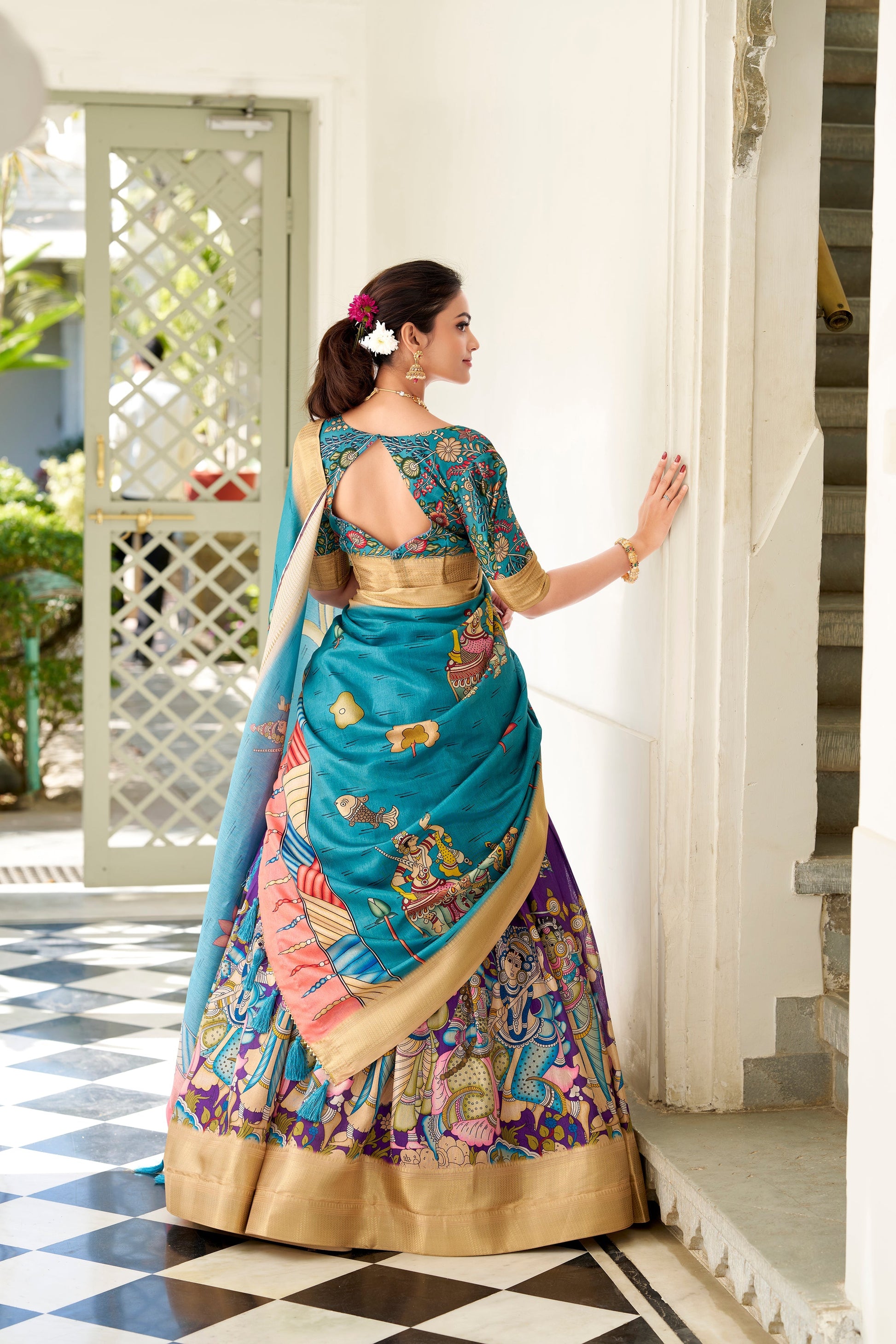 Lorenvalley Purple Dola Silk Kalamkari Print With Weaving Border Lehenga Choli 