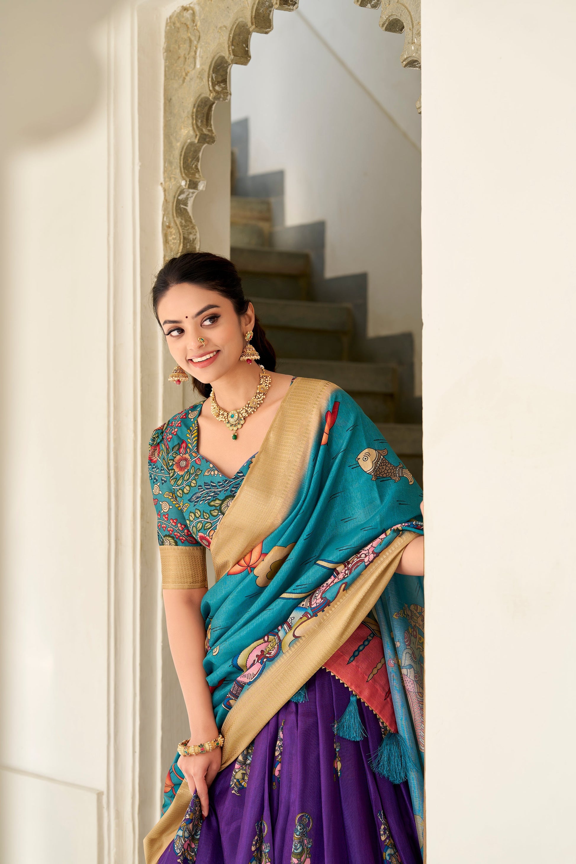 Lorenvalley Purple Dola Silk Kalamkari Print With Weaving Border Lehenga Choli 