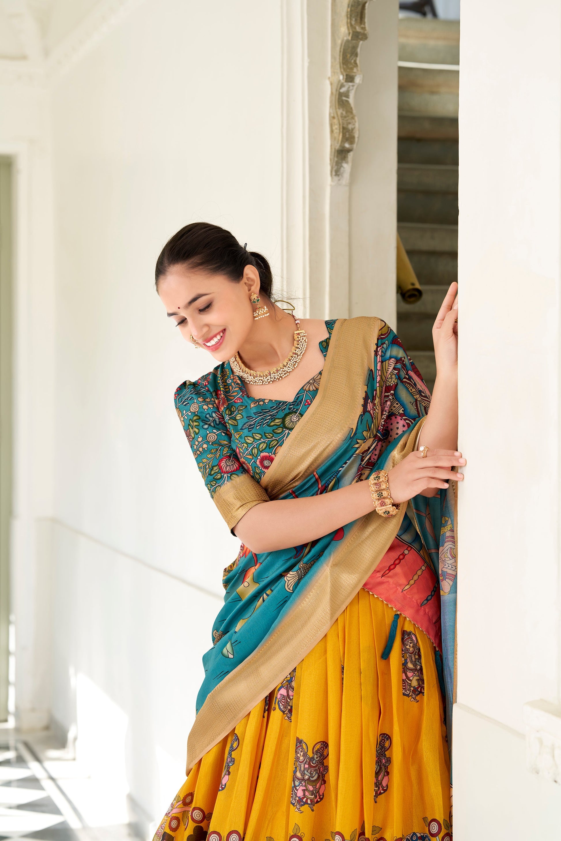 Lorenvalley Offwhite Tussar Silk Patola Print With foil work Lehenga Choli 