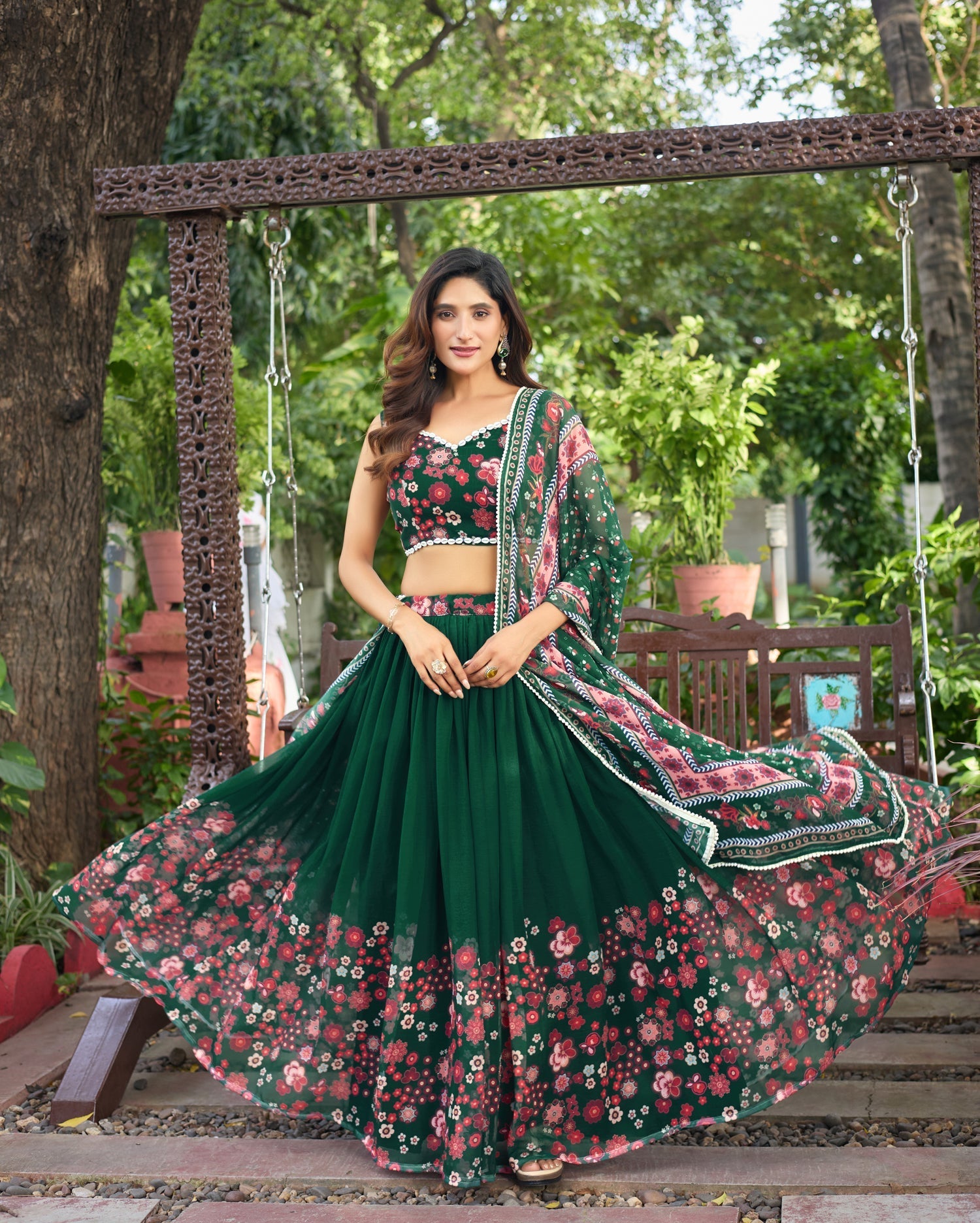 Lorenvalley Fashion Green Georgette Digital Printed Lehenga Choli with Dupatta 