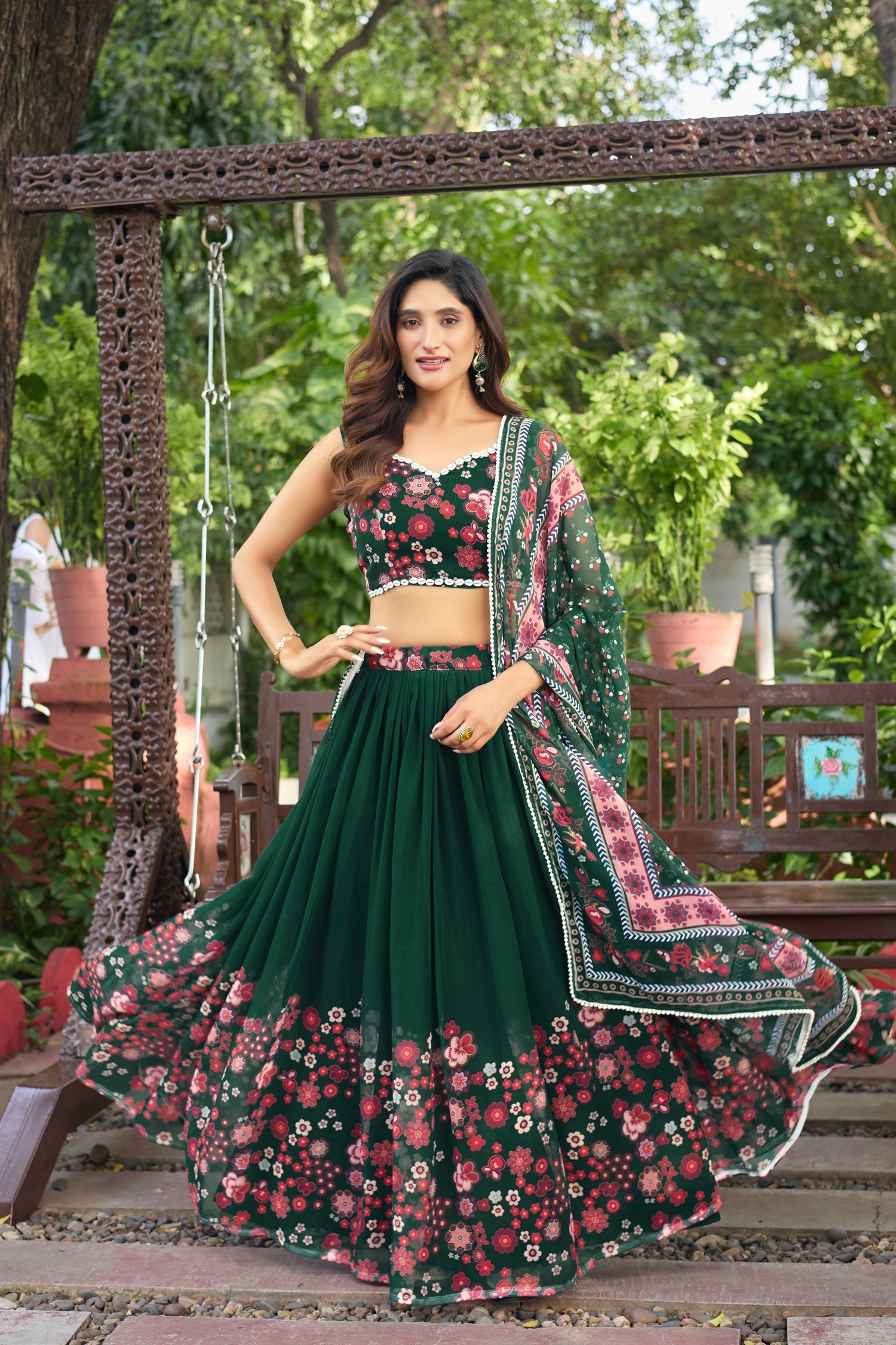 Lorenvalley Fashion Green Georgette Digital Printed Lehenga Choli with Dupatta 