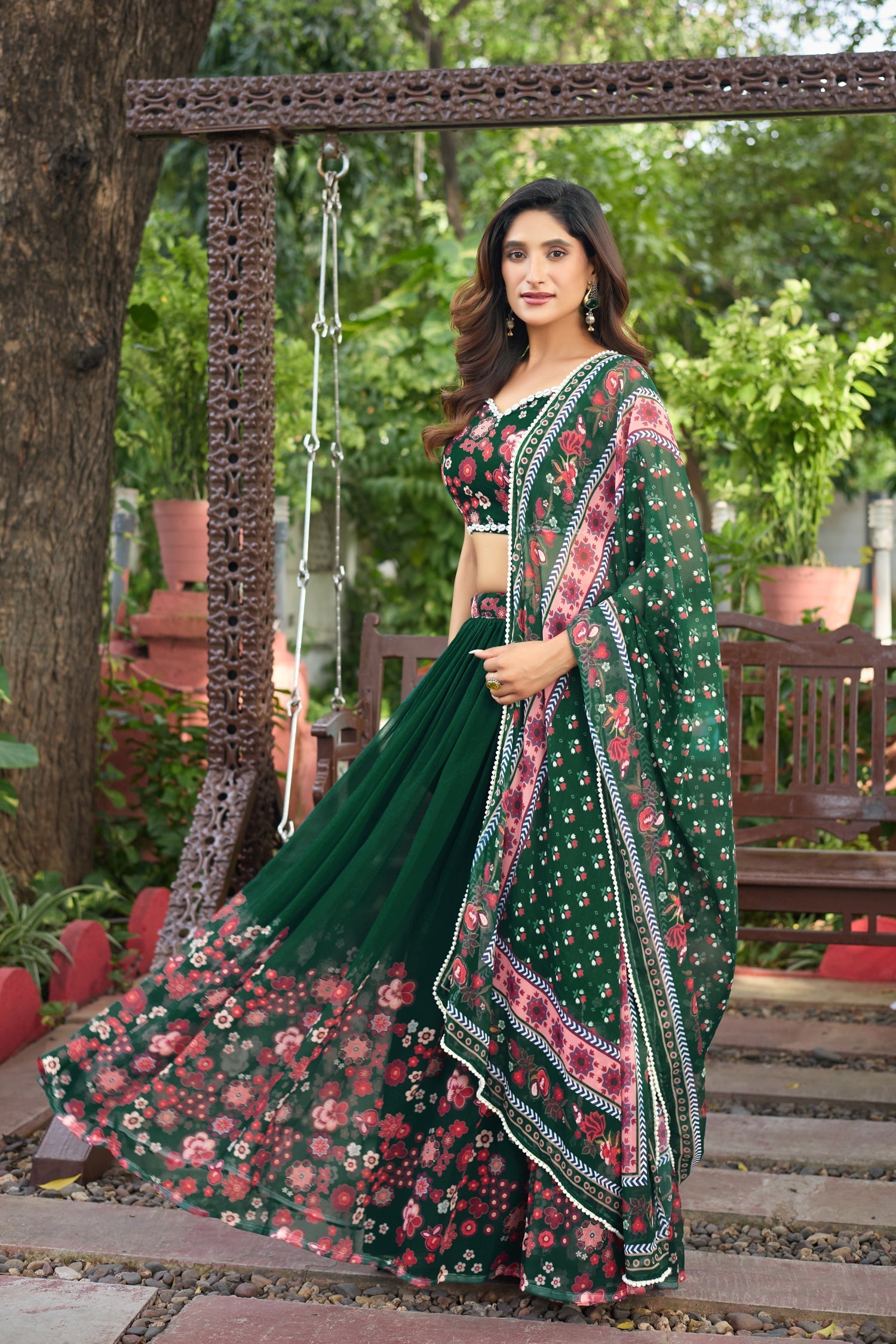 Lorenvalley Fashion Green Georgette Digital Printed Lehenga Choli with Dupatta 