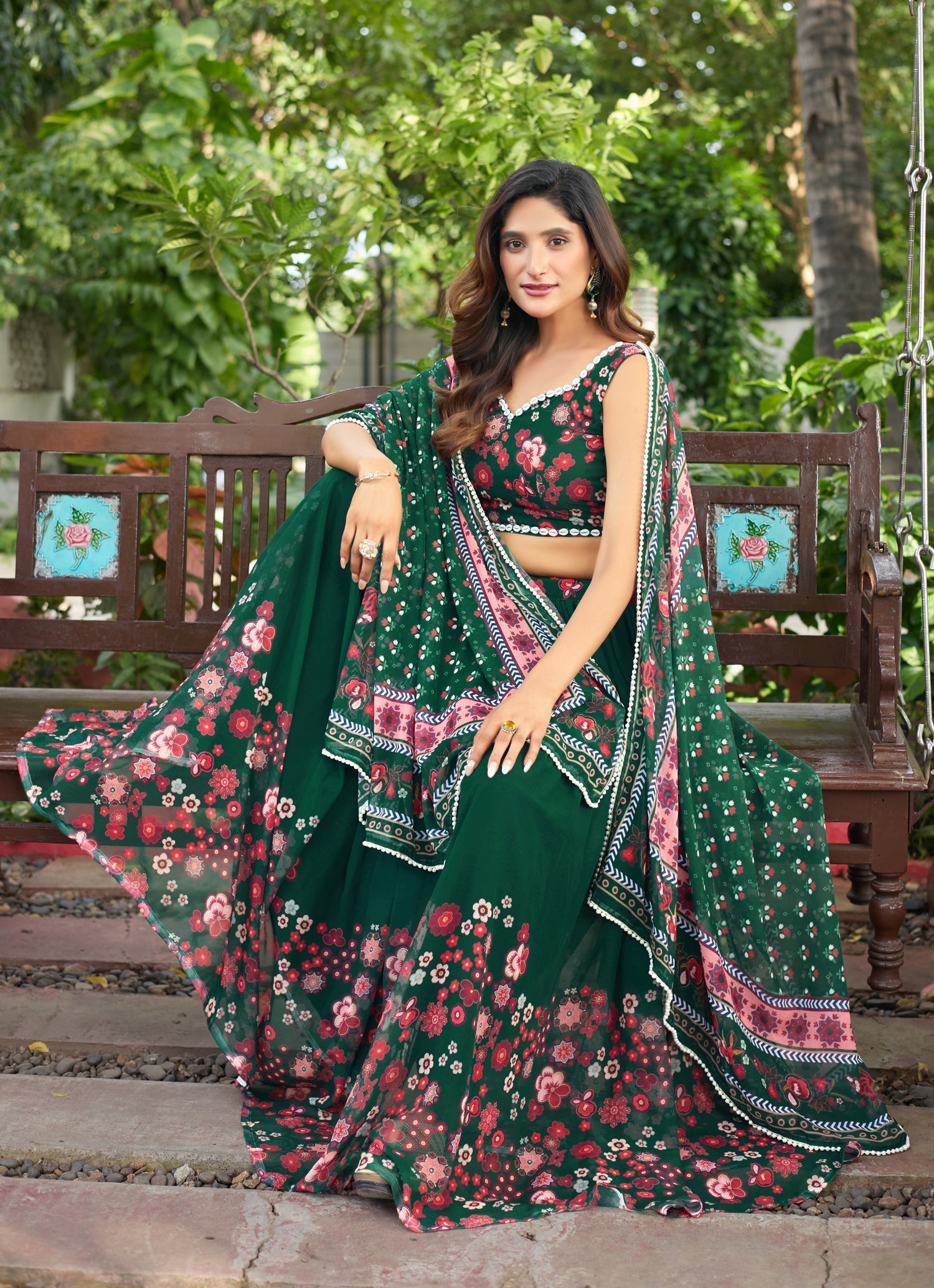 Lorenvalley Fashion Green Georgette Digital Printed Lehenga Choli with Dupatta 