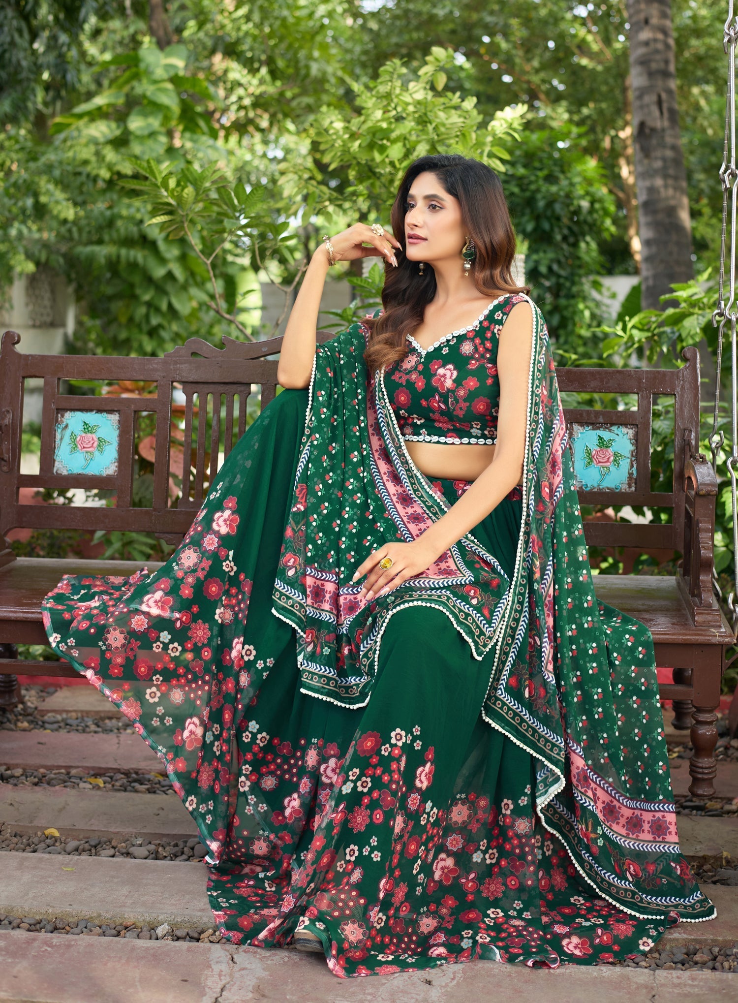 Lorenvalley Fashion Green Georgette Digital Printed Lehenga Choli with Dupatta 