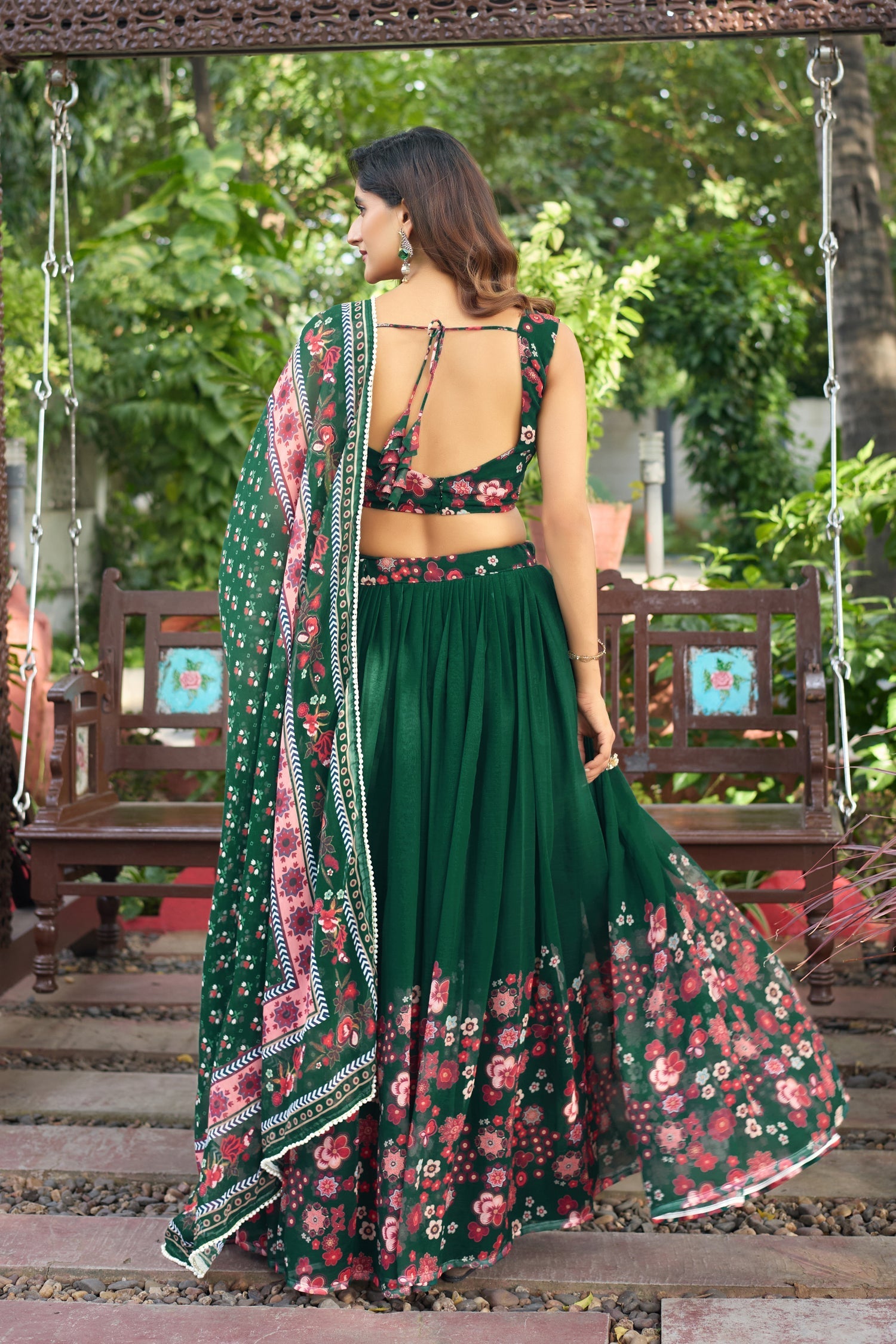 Lorenvalley Fashion Green Georgette Digital Printed Lehenga Choli with Dupatta 