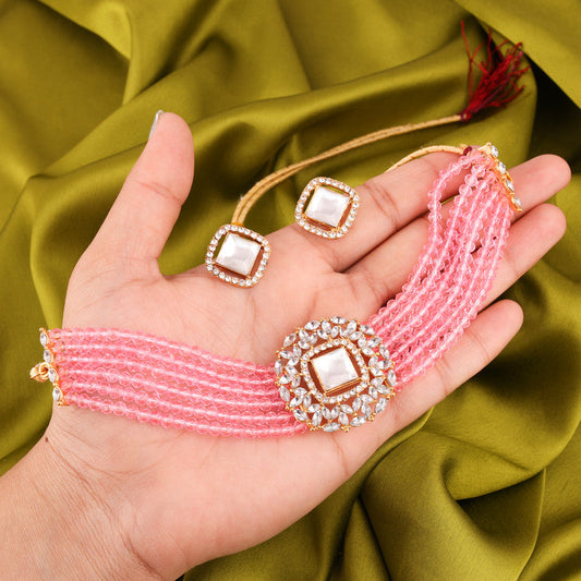 Tehzeeb Creations Brass Gold-Polished Gold, Pink, White Jewel Set