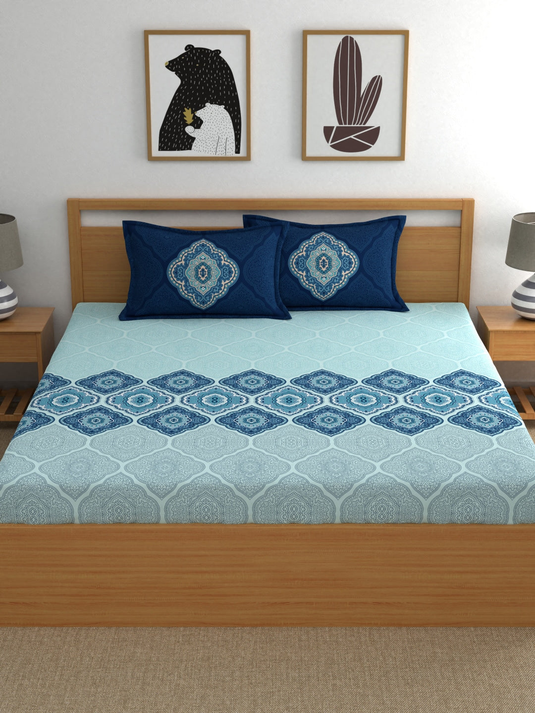 Dreamscape Blue Ethnic 144 TC Cotton Bedsheet with Reversible Pillow Covers 