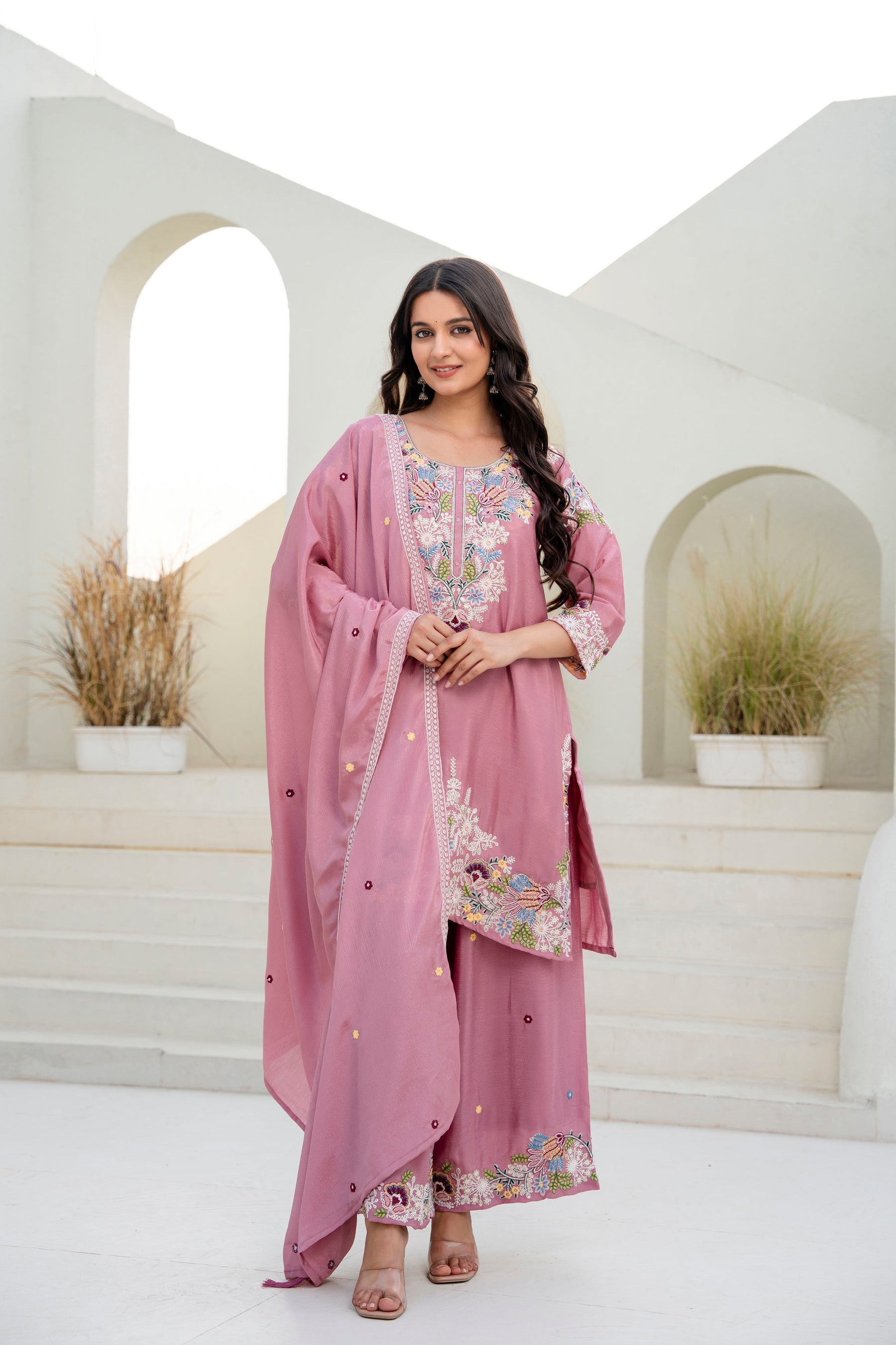 Lorenvalley Fashion Pink Chinon Embroidery Work With Zardozi Hand Work Kurta Palazzo With Dupatta
