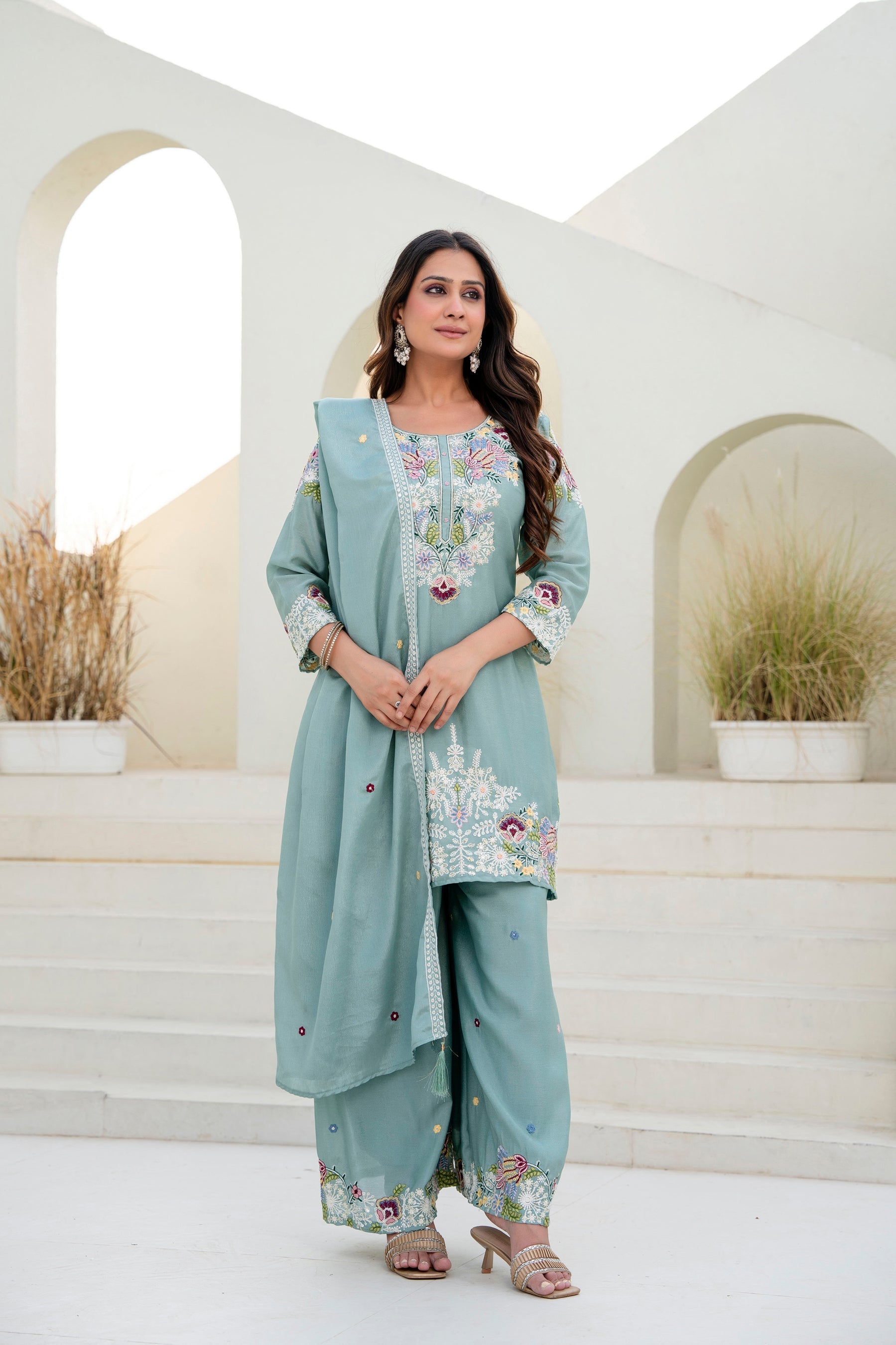Lorenvalley Fashion Seagreen Chinon Embroidery Work With Zardozi Hand Work Kurta Palazzo With Dupatta