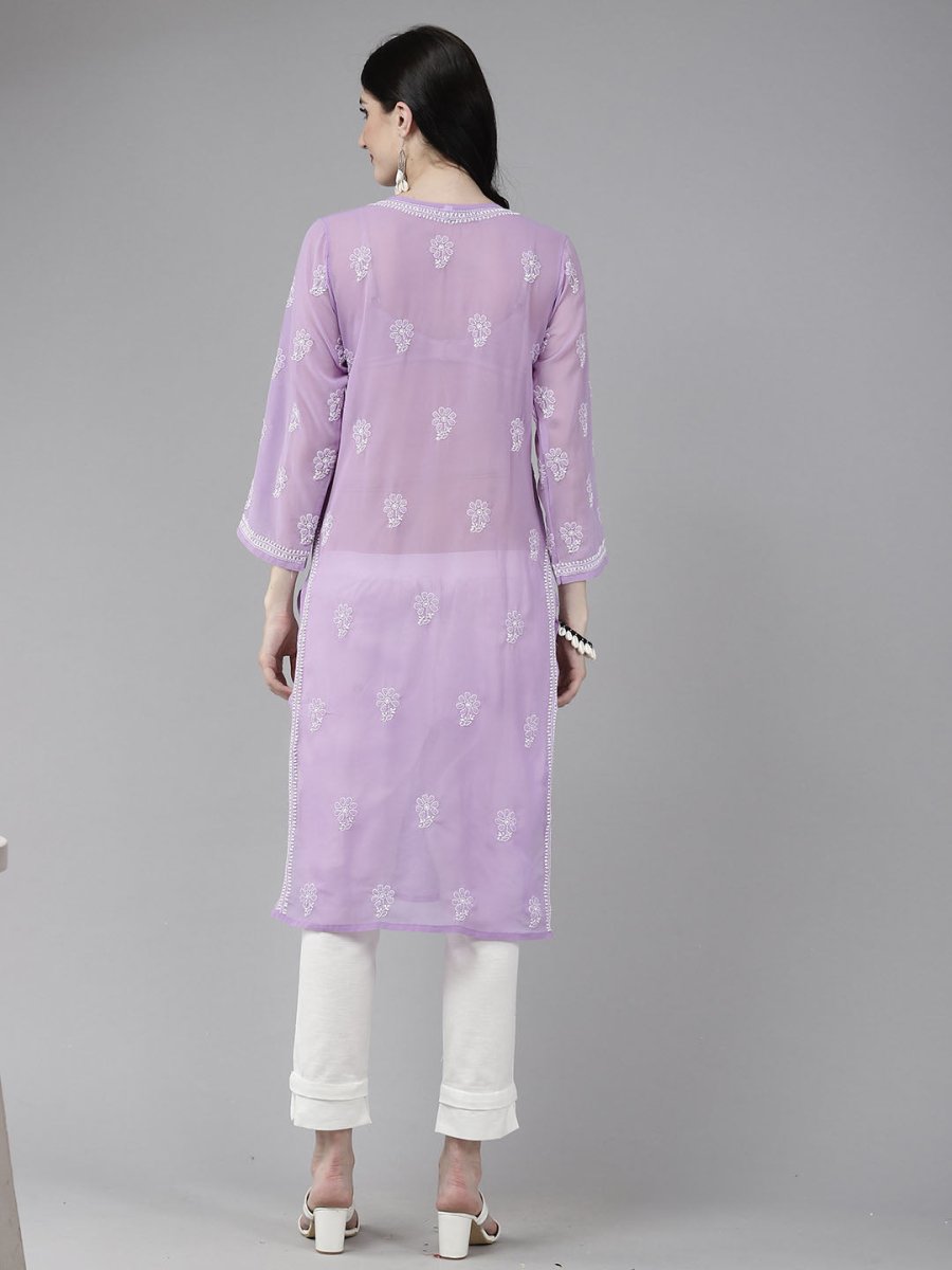ADA Women Purple & White Ethnic Motifs Embroidered Chikankari Georgette Kurta 