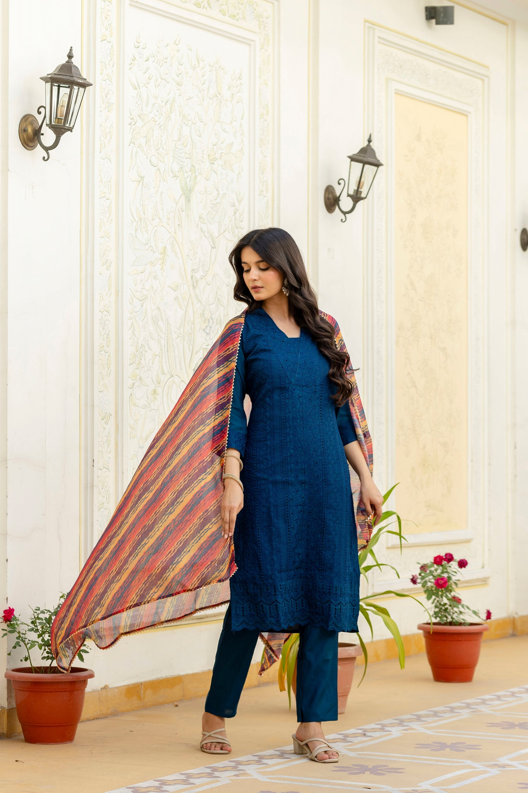 Lorenvalley Fashion Rama Roman Silk Chikan Kari Work Kurta Pant With Dupatta