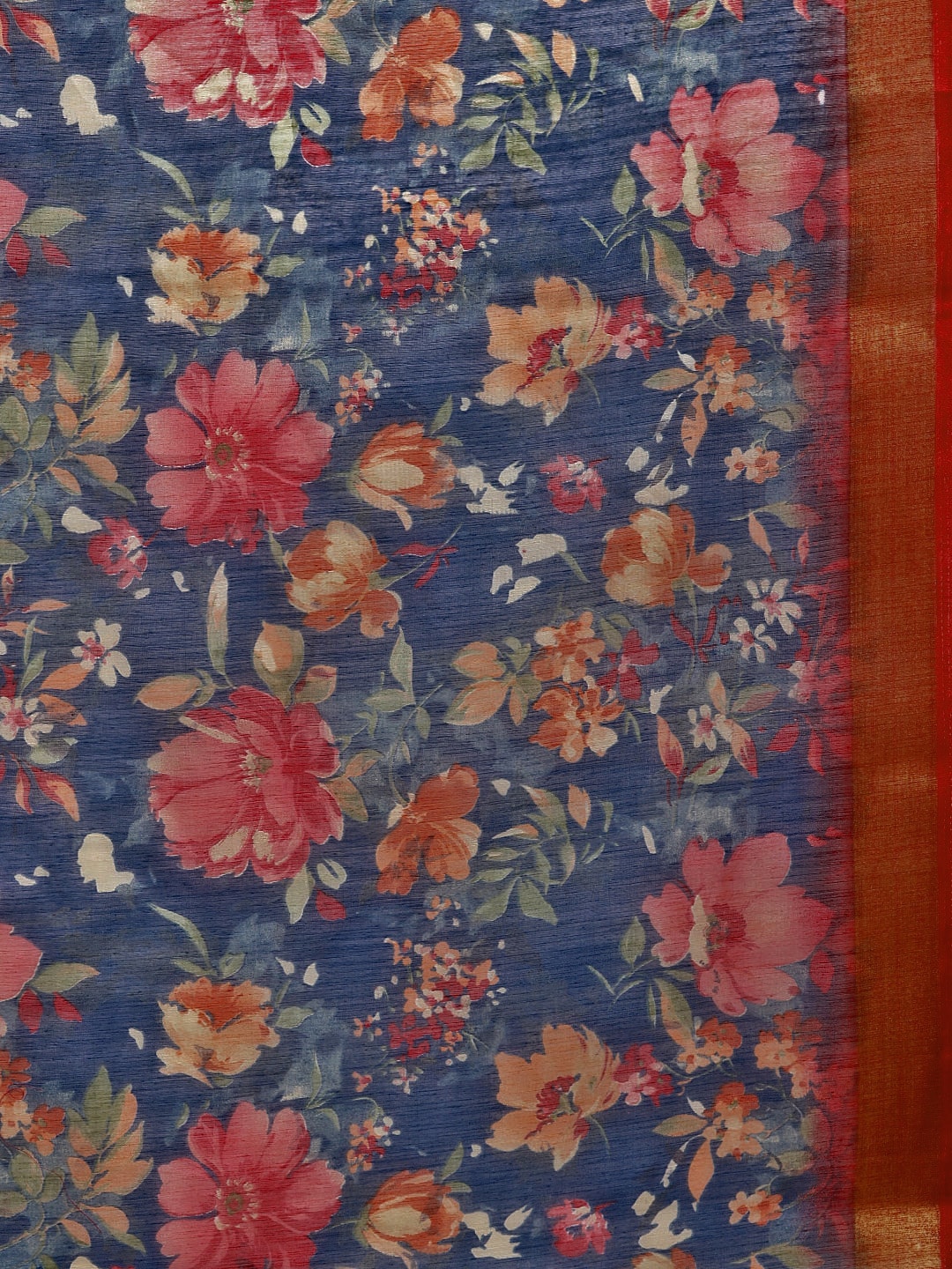 Saree Mall Navy Blue & Red Linen Blend Printed Saree