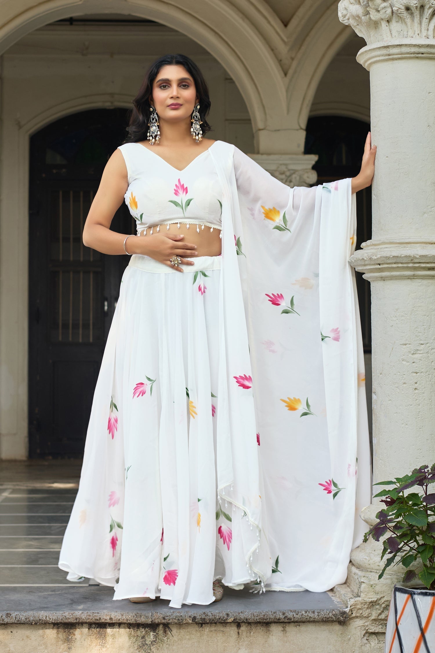 Lorenvalley Fashion White Georgette with Hand-painted Floral Design Lehenga Choli with Dupatta 
