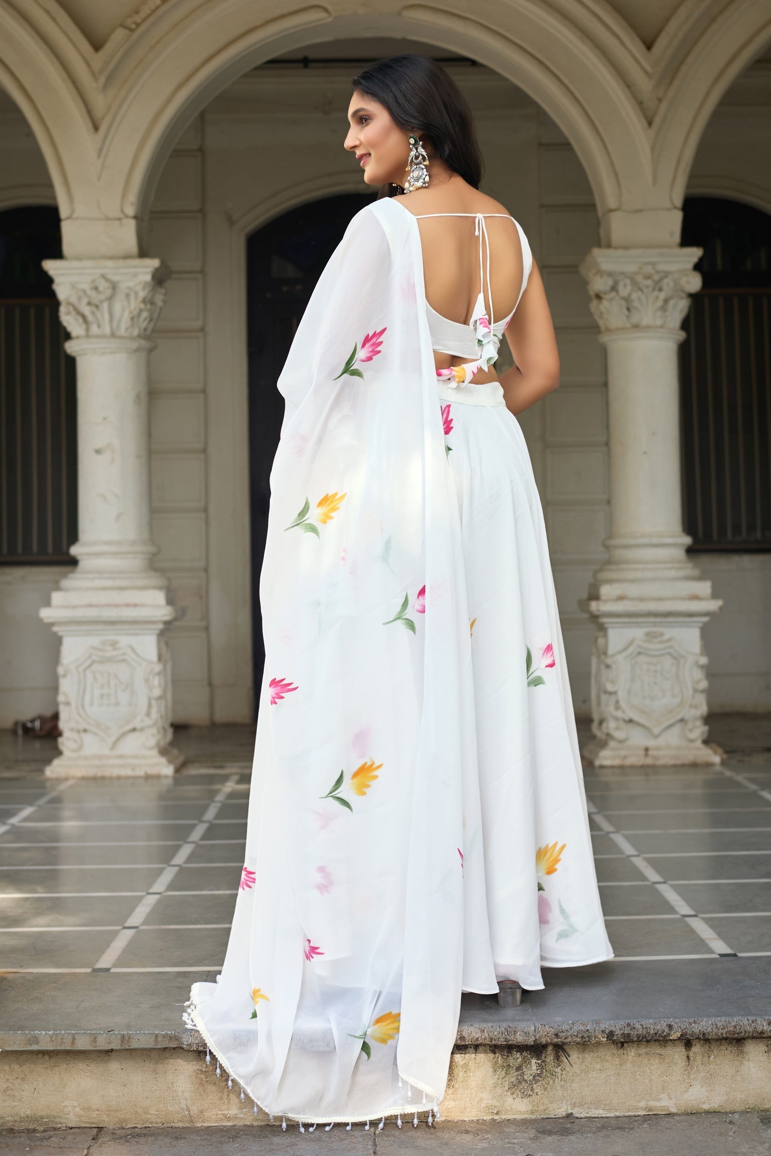 Lorenvalley Fashion White Georgette with Hand-painted Floral Design Lehenga Choli with Dupatta 