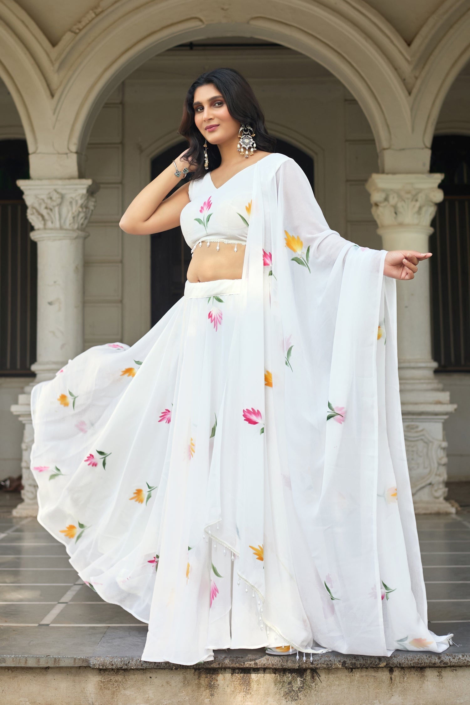 Lorenvalley Fashion White Georgette with Hand-painted Floral Design Lehenga Choli with Dupatta 