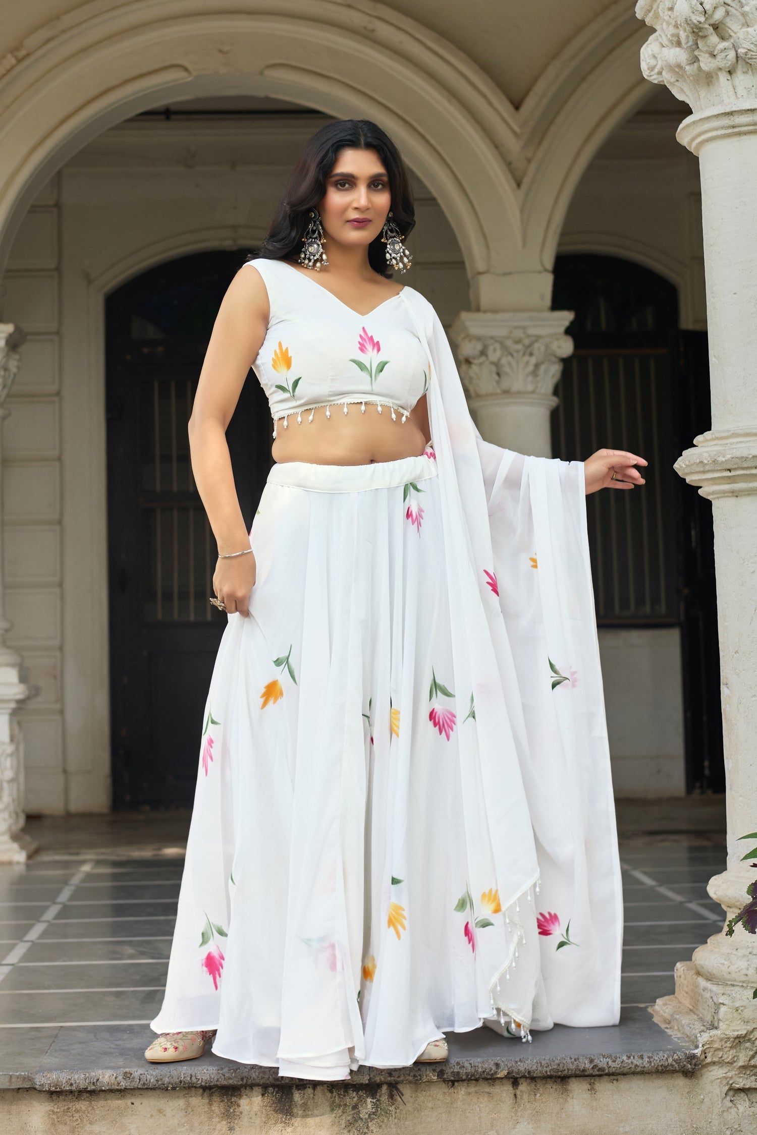 Lorenvalley Fashion White Georgette with Hand-painted Floral Design Lehenga Choli with Dupatta 