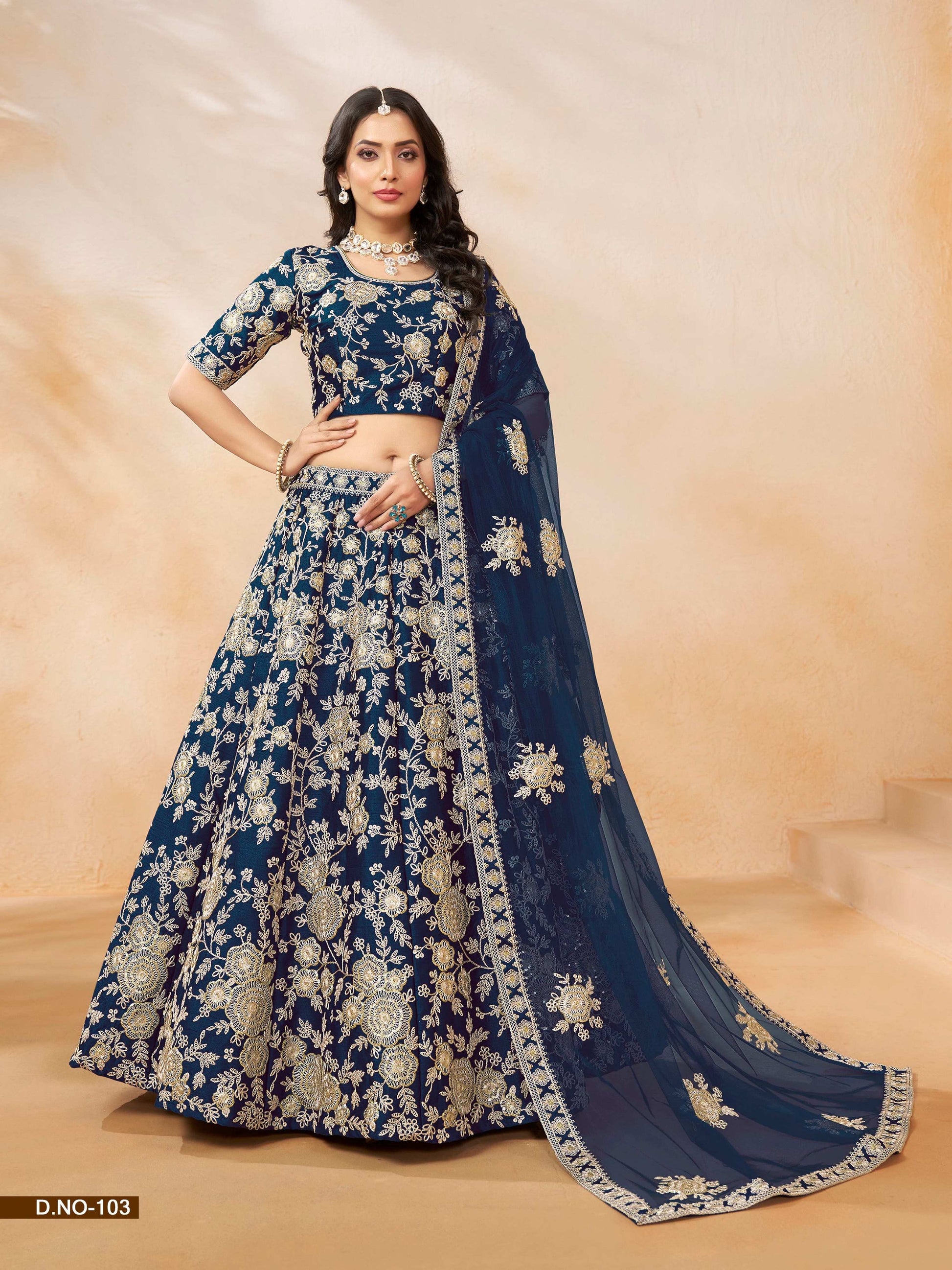 Anaita Navy Blue Embroidered Heavy Art Silk Designer Lehenga With Blouse