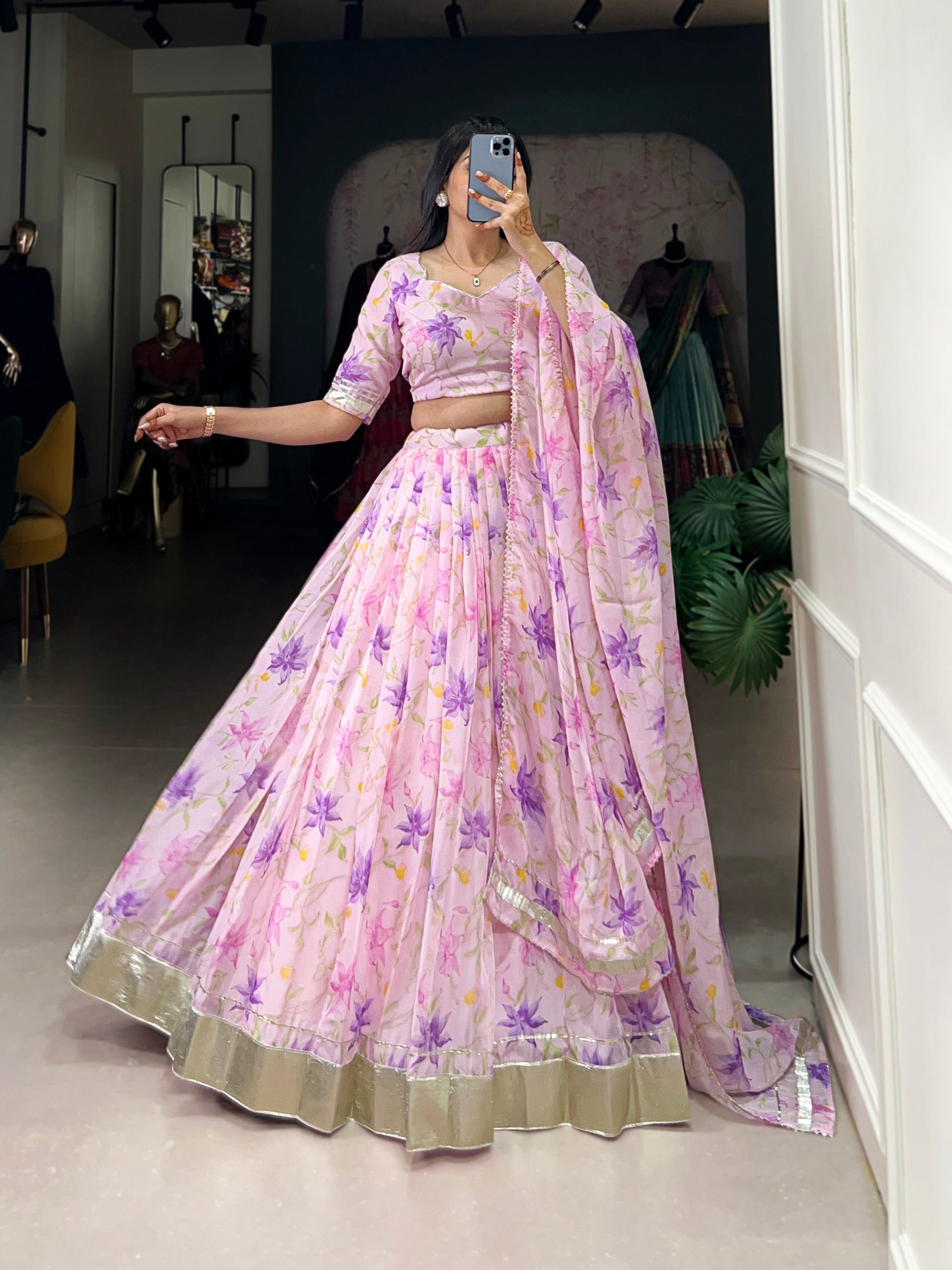 Lorenvalley Pink Tabby Silk Floral Print With Lace Touch Up Lehenga Choli with Dupatta 