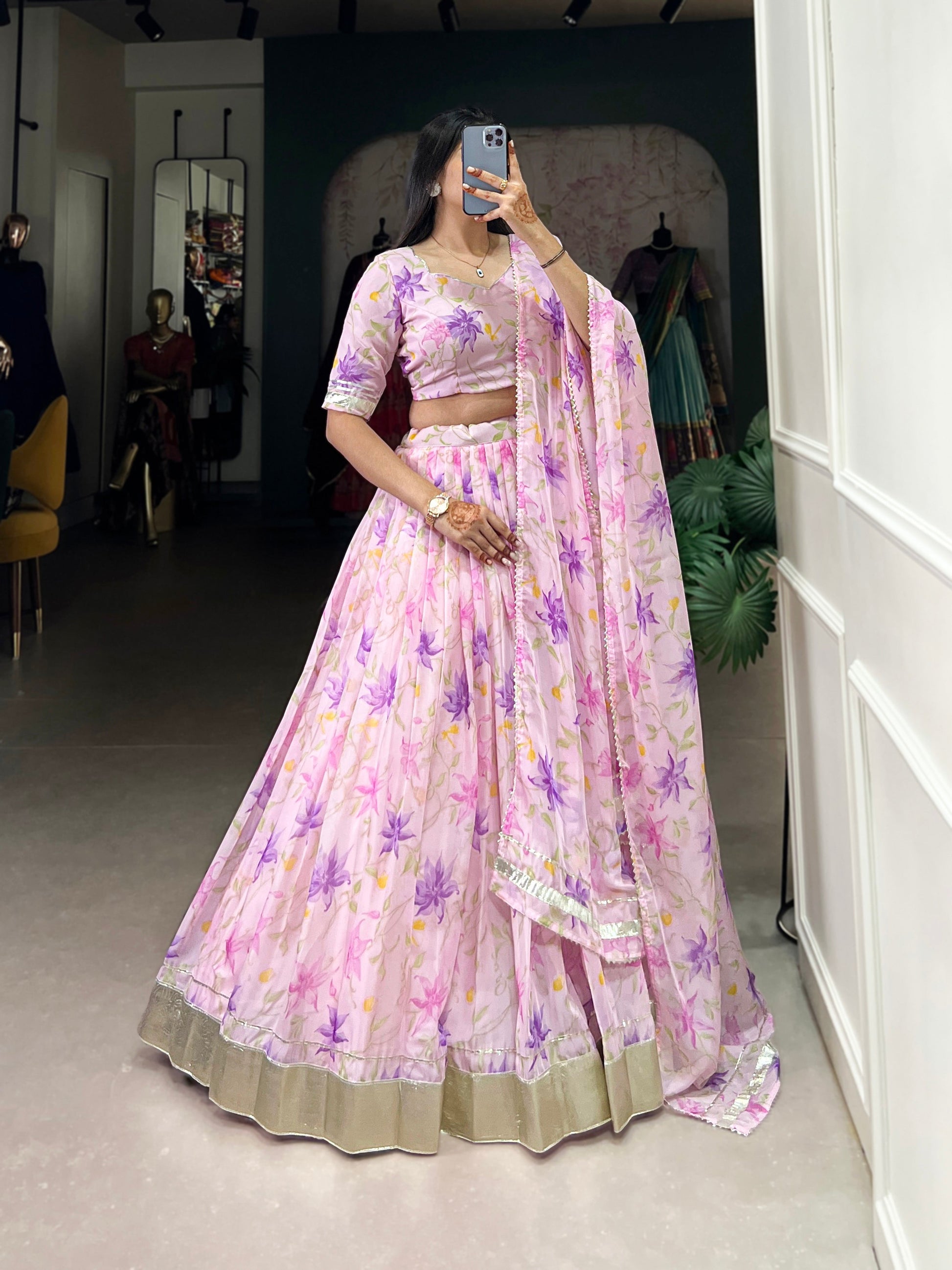 Lorenvalley Pink Tabby Silk Floral Print With Lace Touch Up Lehenga Choli with Dupatta 
