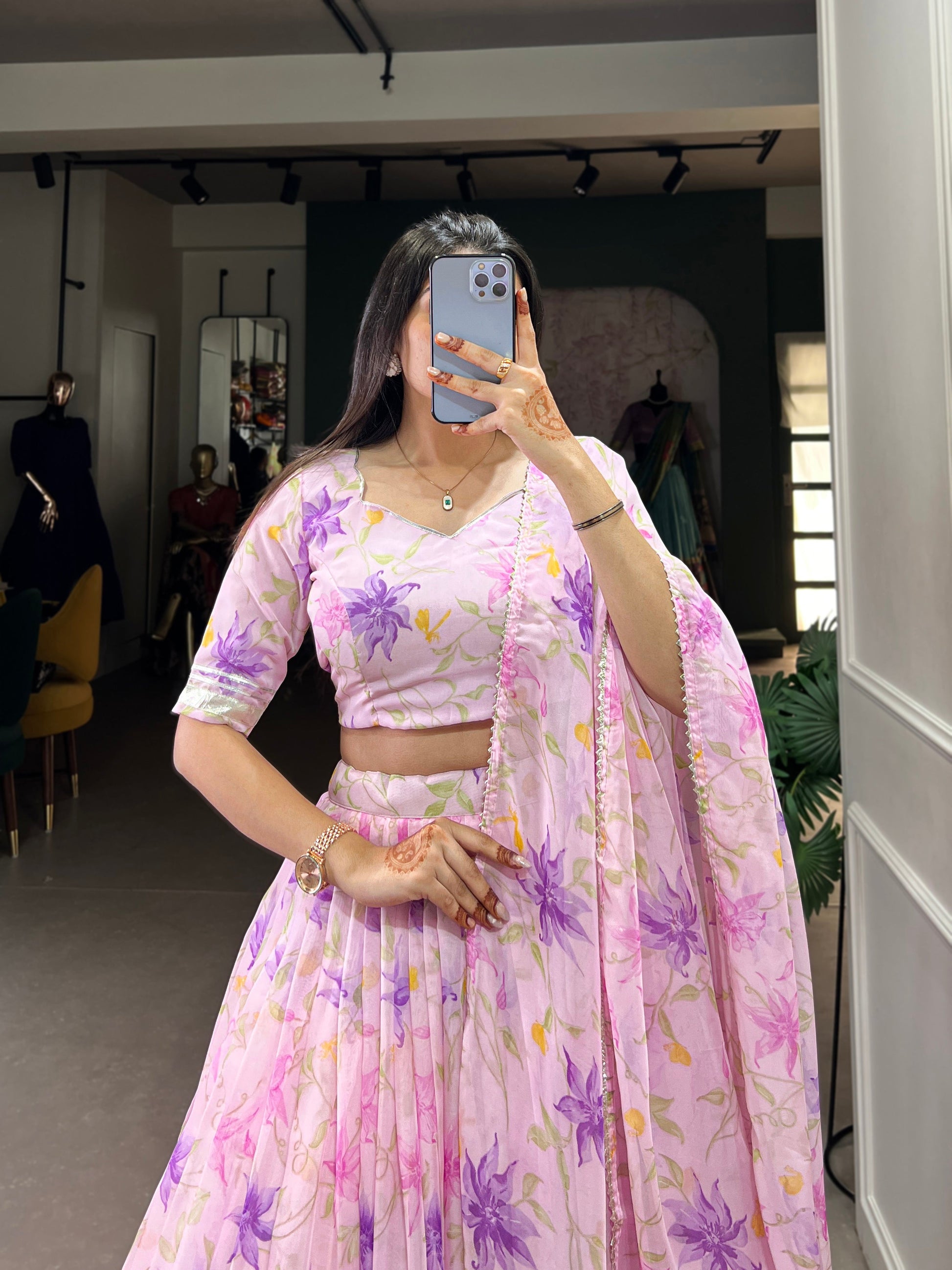 Lorenvalley Pink Tabby Silk Floral Print With Lace Touch Up Lehenga Choli with Dupatta 