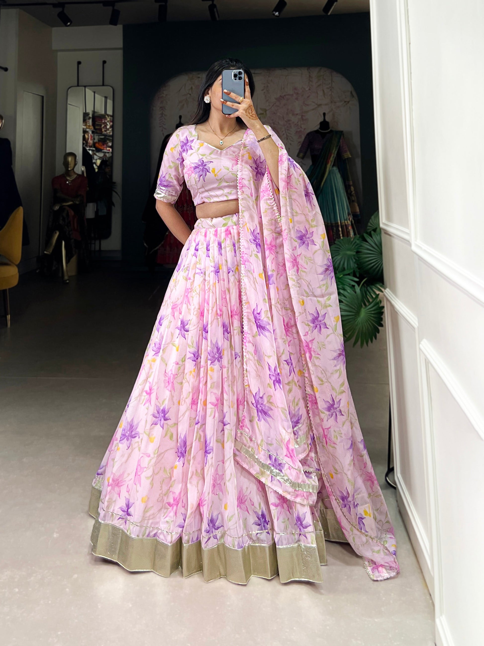 Lorenvalley Pink Tabby Silk Floral Print With Lace Touch Up Lehenga Choli with Dupatta 
