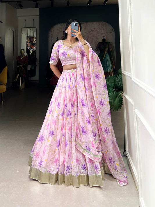 Lorenvalley Pink Tabby Silk Floral Print With Lace Touch Up Lehenga Choli with Dupatta 
