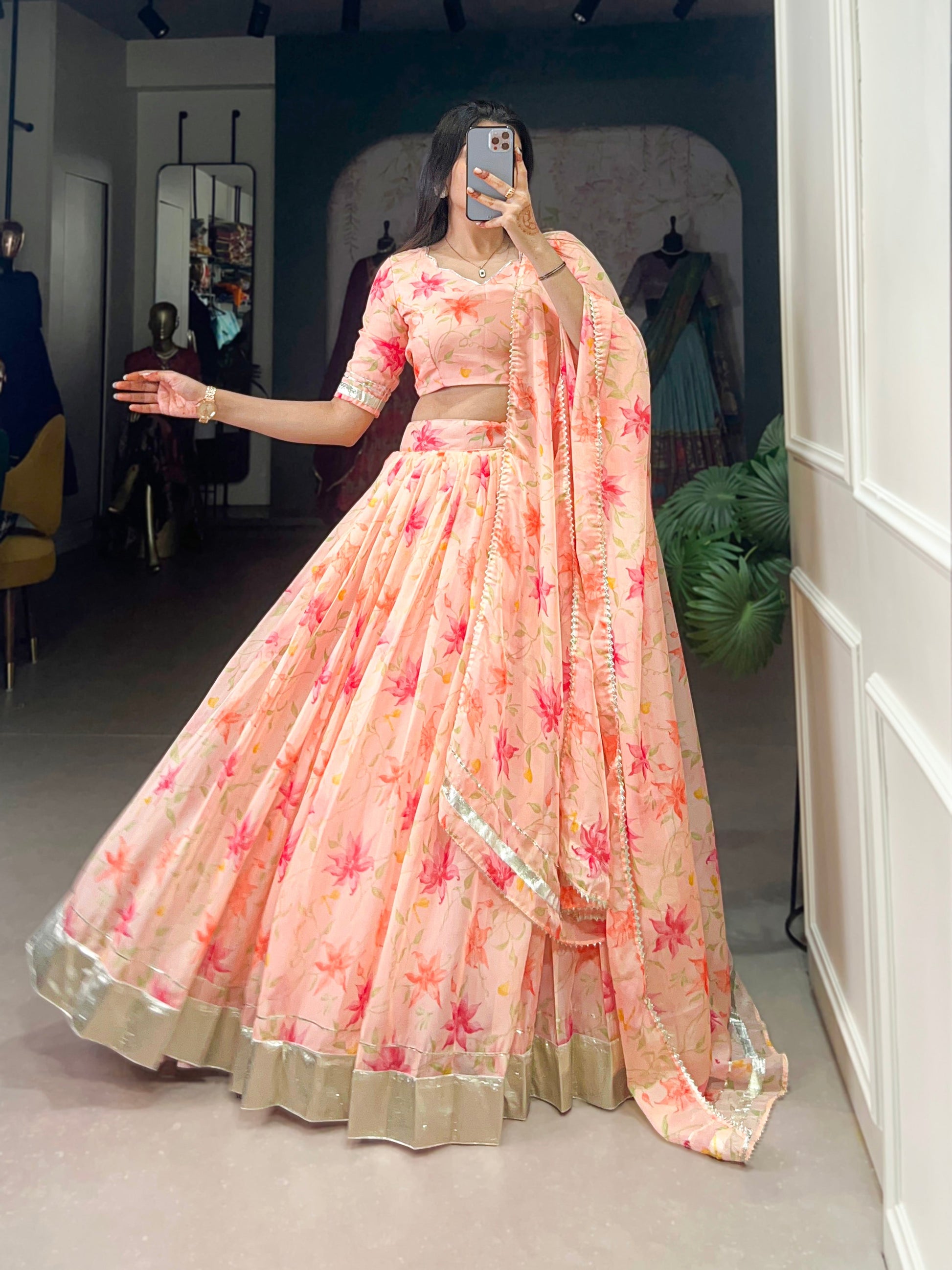 Lorenvalley Peach Tabby Silk Floral Print With Lace Touch Up Lehenga Choli with Dupatta 