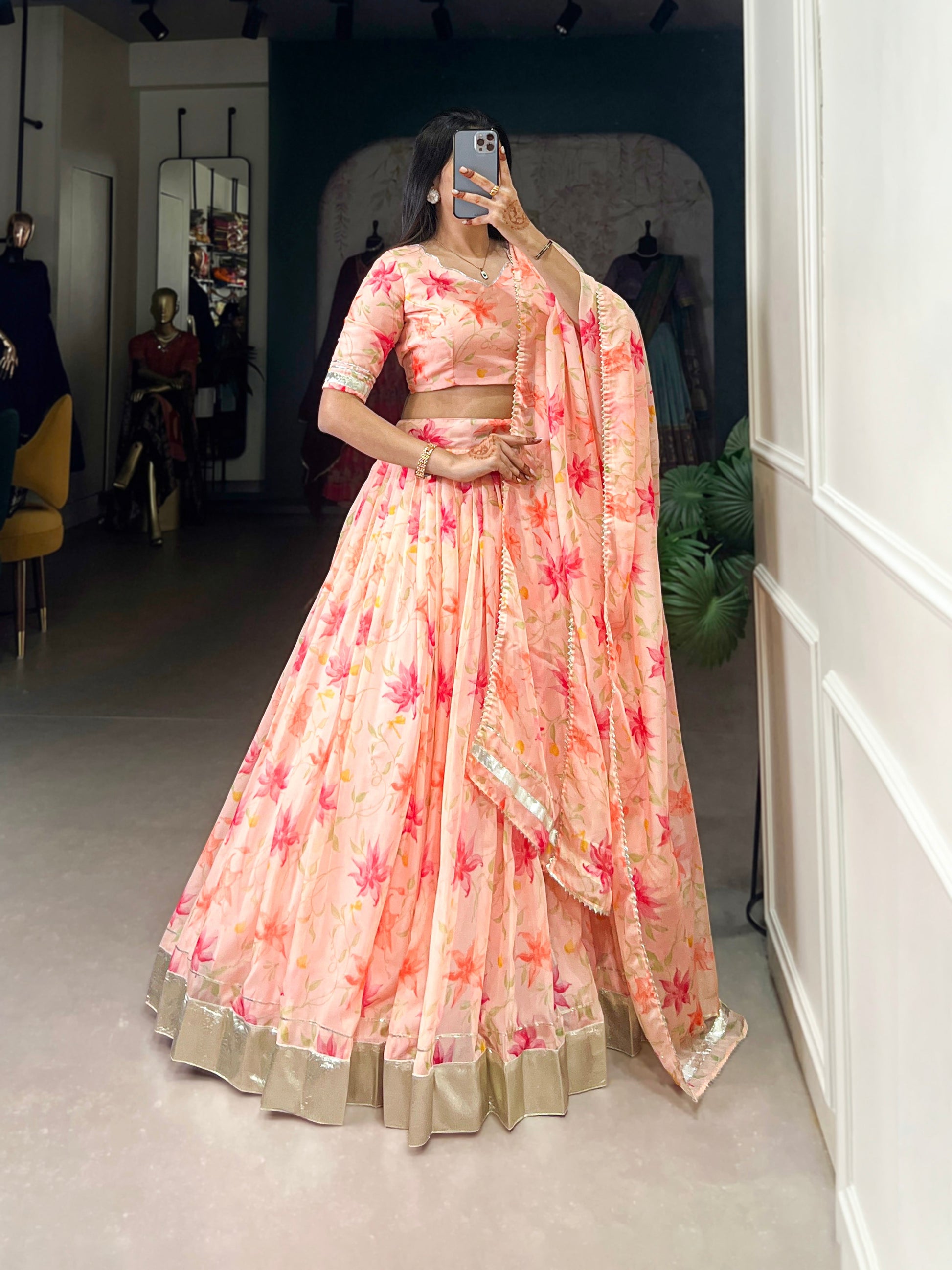 Lorenvalley Peach Tabby Silk Floral Print With Lace Touch Up Lehenga Choli with Dupatta 