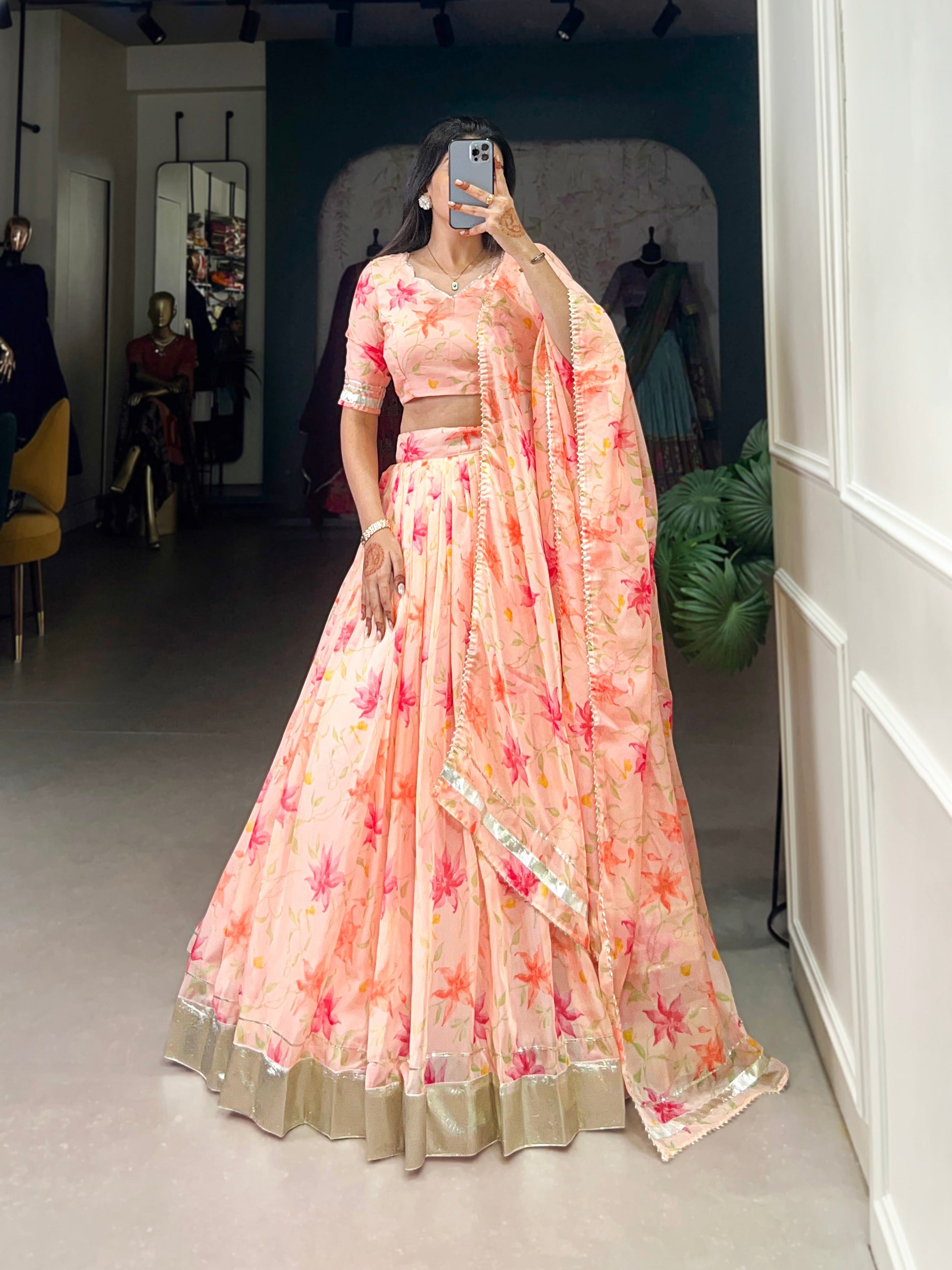 Lorenvalley Peach Tabby Silk Floral Print With Lace Touch Up Lehenga Choli with Dupatta 