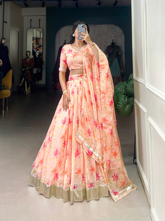 Lorenvalley Peach Tabby Silk Floral Print With Lace Touch Up Lehenga Choli with Dupatta 