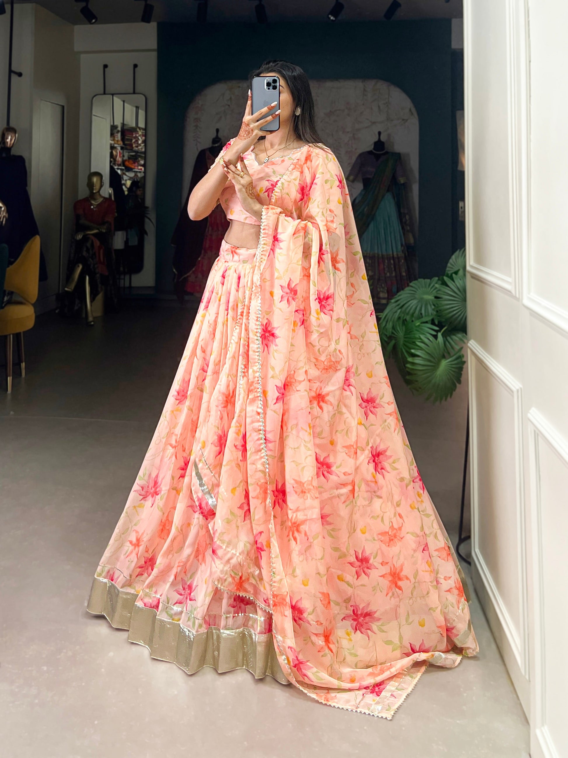 Lorenvalley Peach Tabby Silk Floral Print With Lace Touch Up Lehenga Choli with Dupatta 