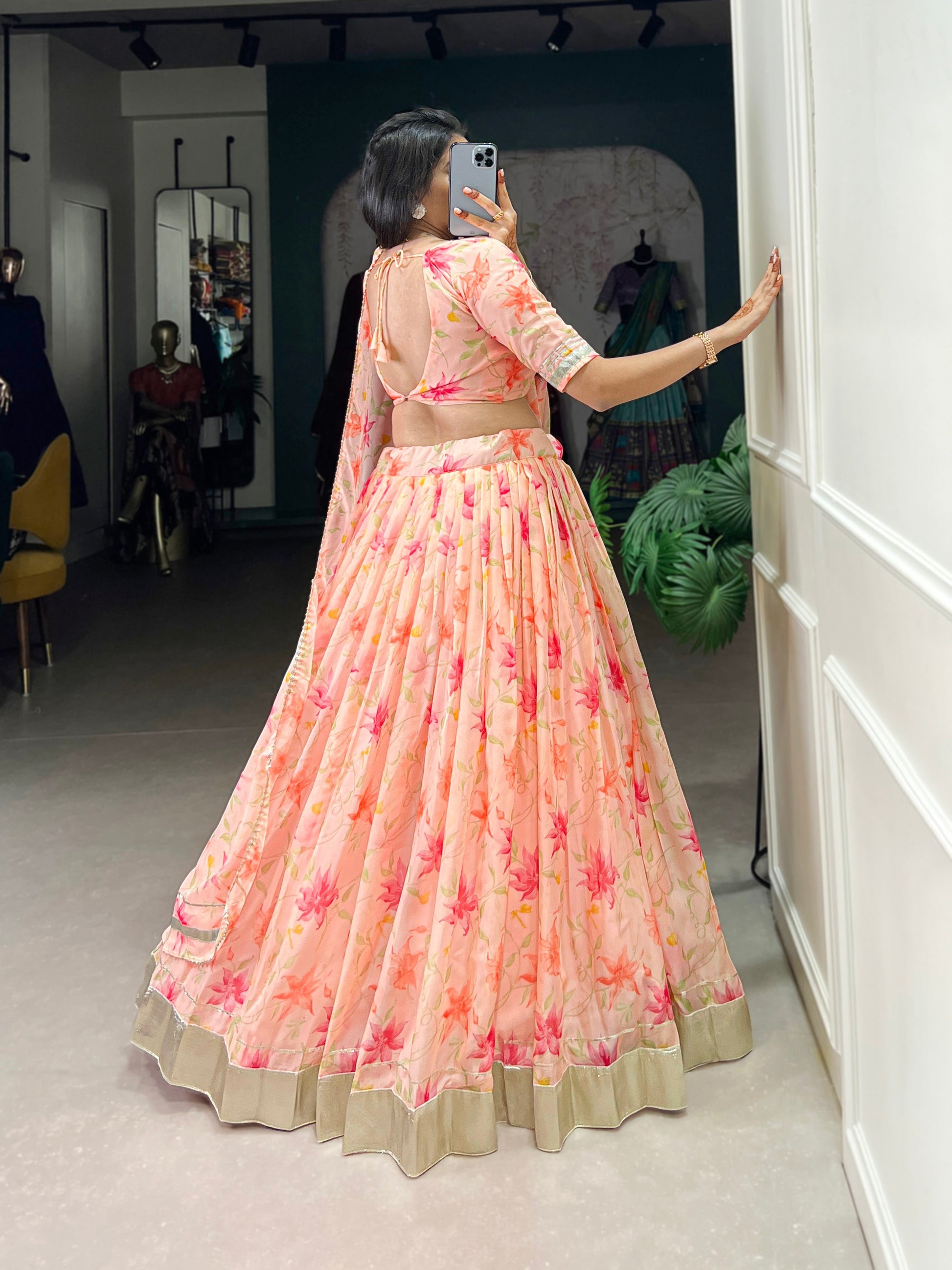 Lorenvalley Peach Tabby Silk Floral Print With Lace Touch Up Lehenga Choli with Dupatta 