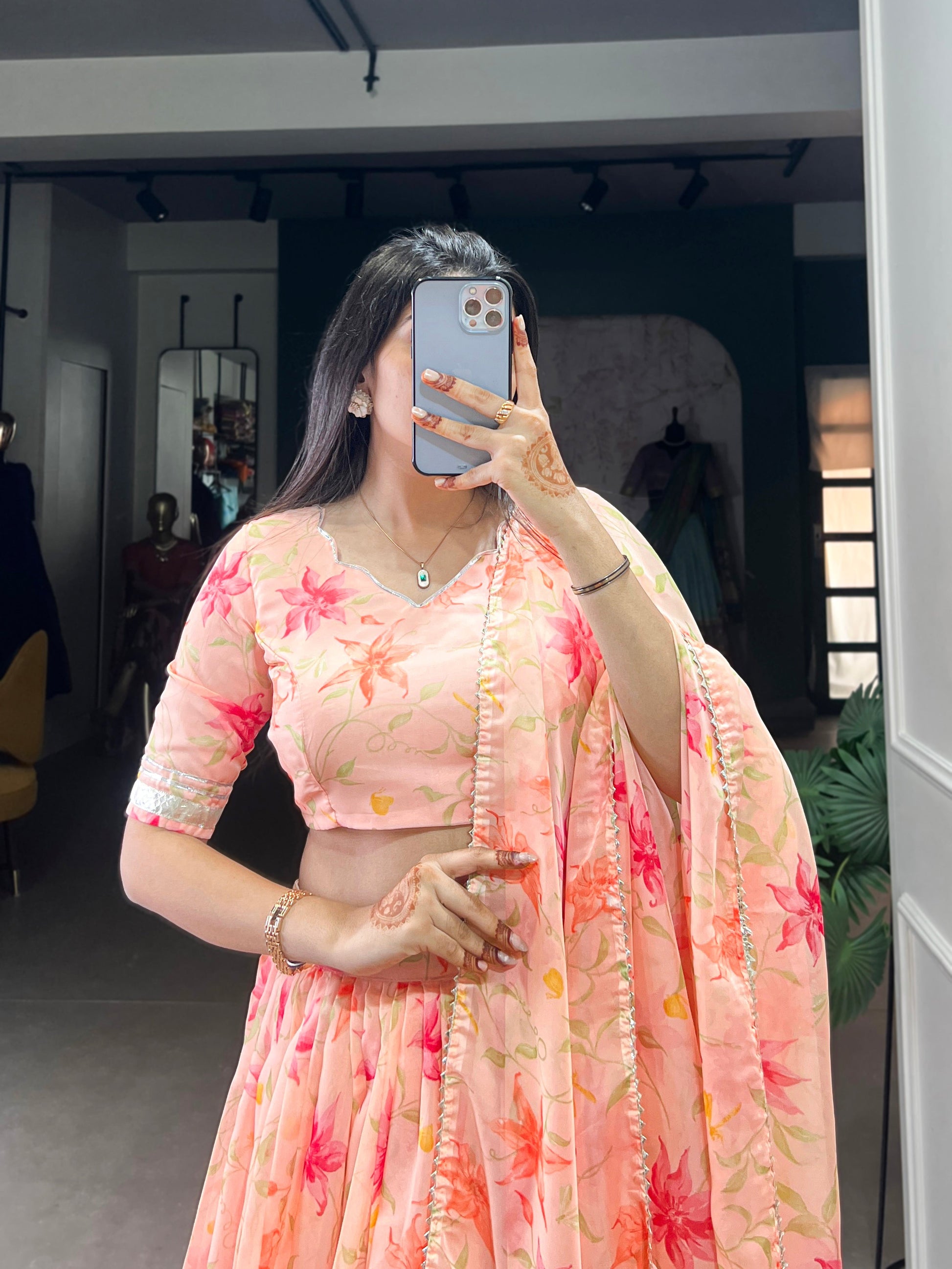 Lorenvalley Peach Tabby Silk Floral Print With Lace Touch Up Lehenga Choli with Dupatta 