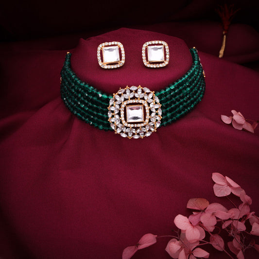 Tehzeeb Creations Brass Gold-Polished Gold, Green, White Jewel Set  