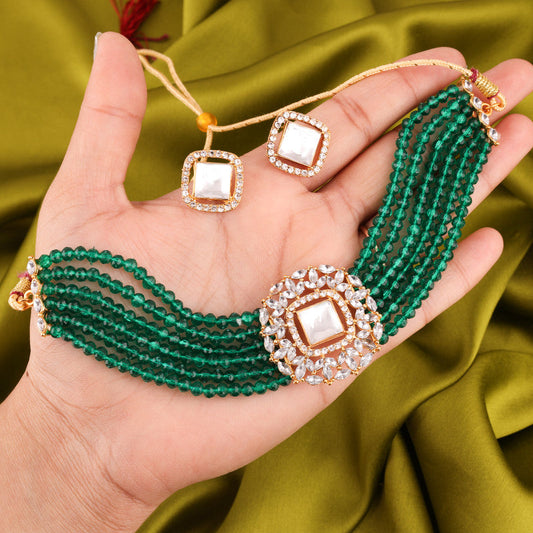 Tehzeeb Creations Brass Gold-Polished Gold, Green, White Jewel Set  