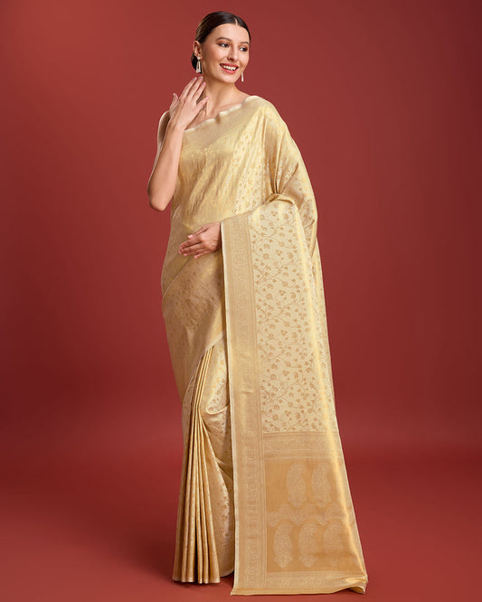 Monjolika Fashion Elegant Kanjivaram Traditional Indian Attire In Golden Beige Color Silk Saree