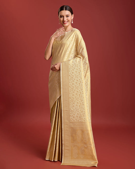 Monjolika Fashion Elegant Kanjivaram Traditional Indian Attire In Golden Beige Color Silk Saree