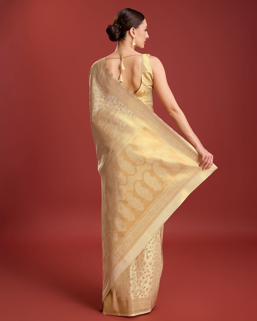 Monjolika Fashion Elegant Kanjivaram Traditional Indian Attire In Golden Beige Color Silk Saree