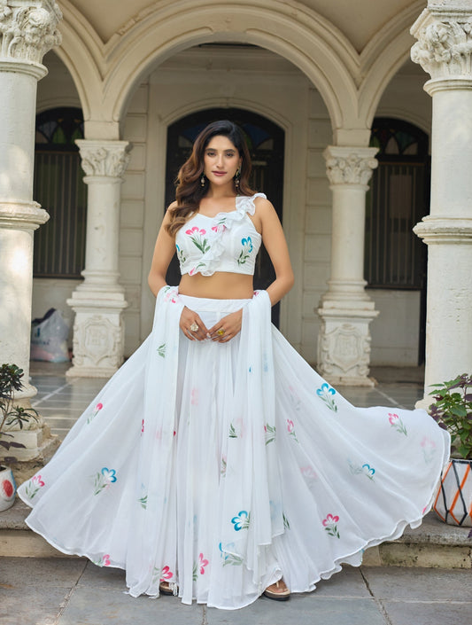 Lorenvalley Fashion White Georgette with Hand-painted Floral Design Lehenga Choli with Dupatta 