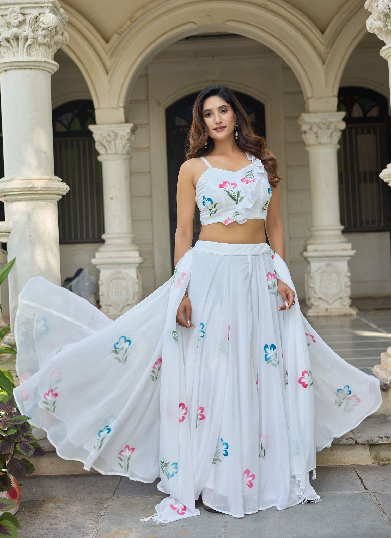 Lorenvalley Fashion White Georgette with Hand-painted Floral Design Lehenga Choli with Dupatta 