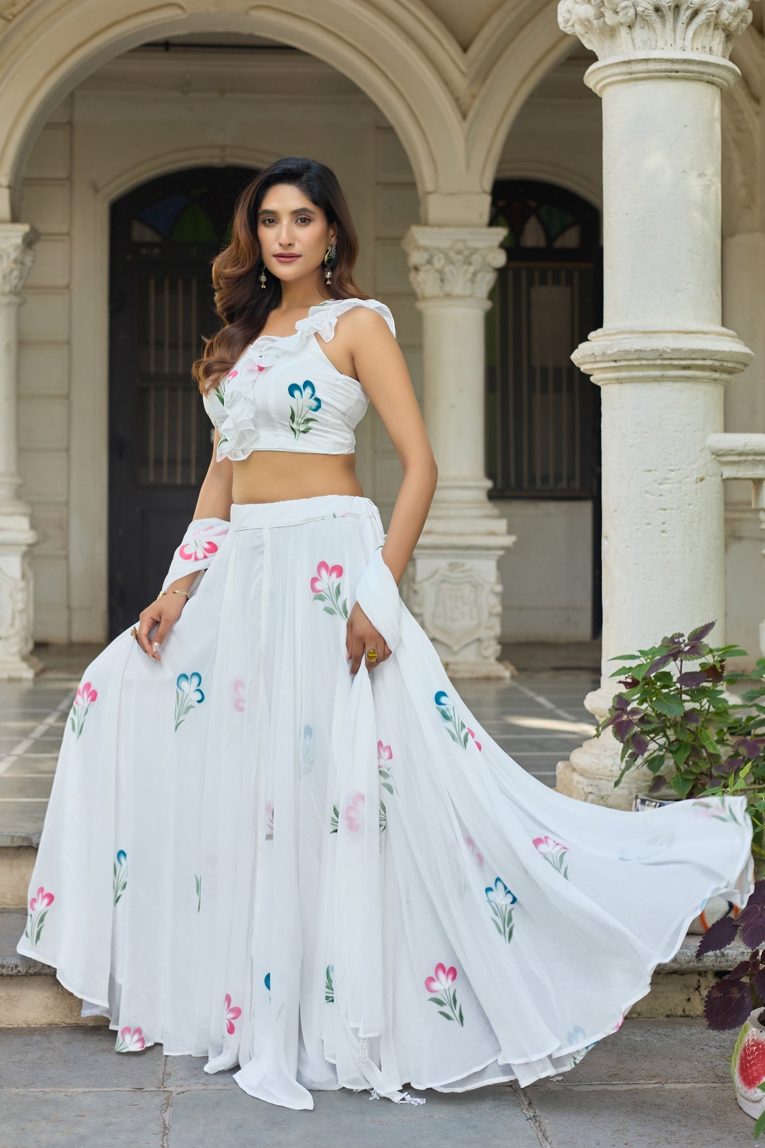 Lorenvalley Fashion White Georgette with Hand-painted Floral Design Lehenga Choli with Dupatta 